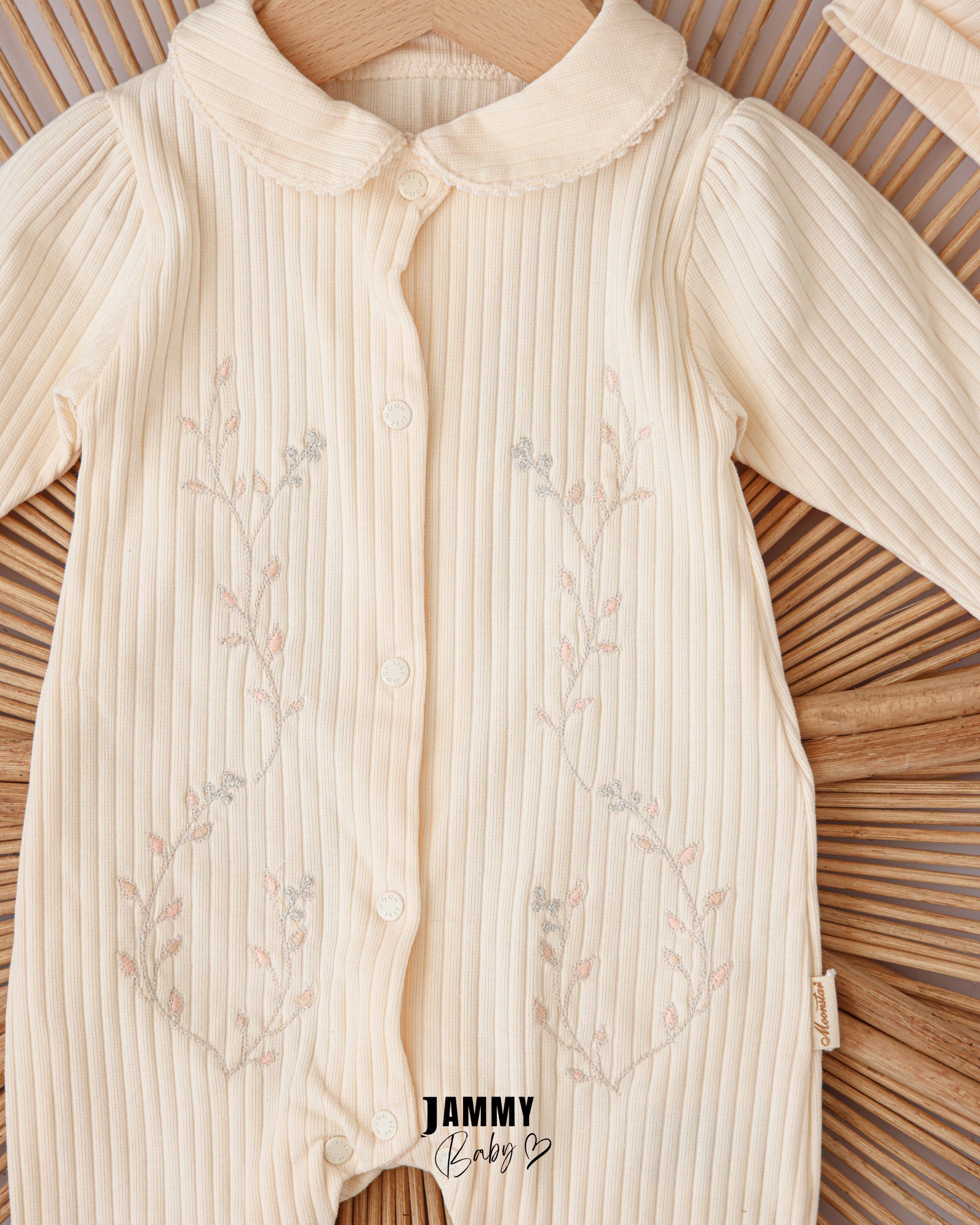 Botanical Embroidered Ribbed Romper & Headband Set – Beige