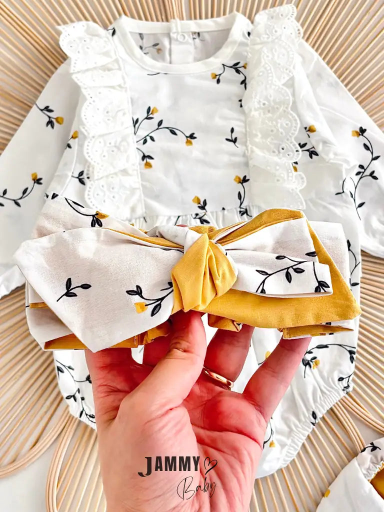 Liliya Floral Patterned Poplin Romper Set with Footies and Bandana - YELLOW