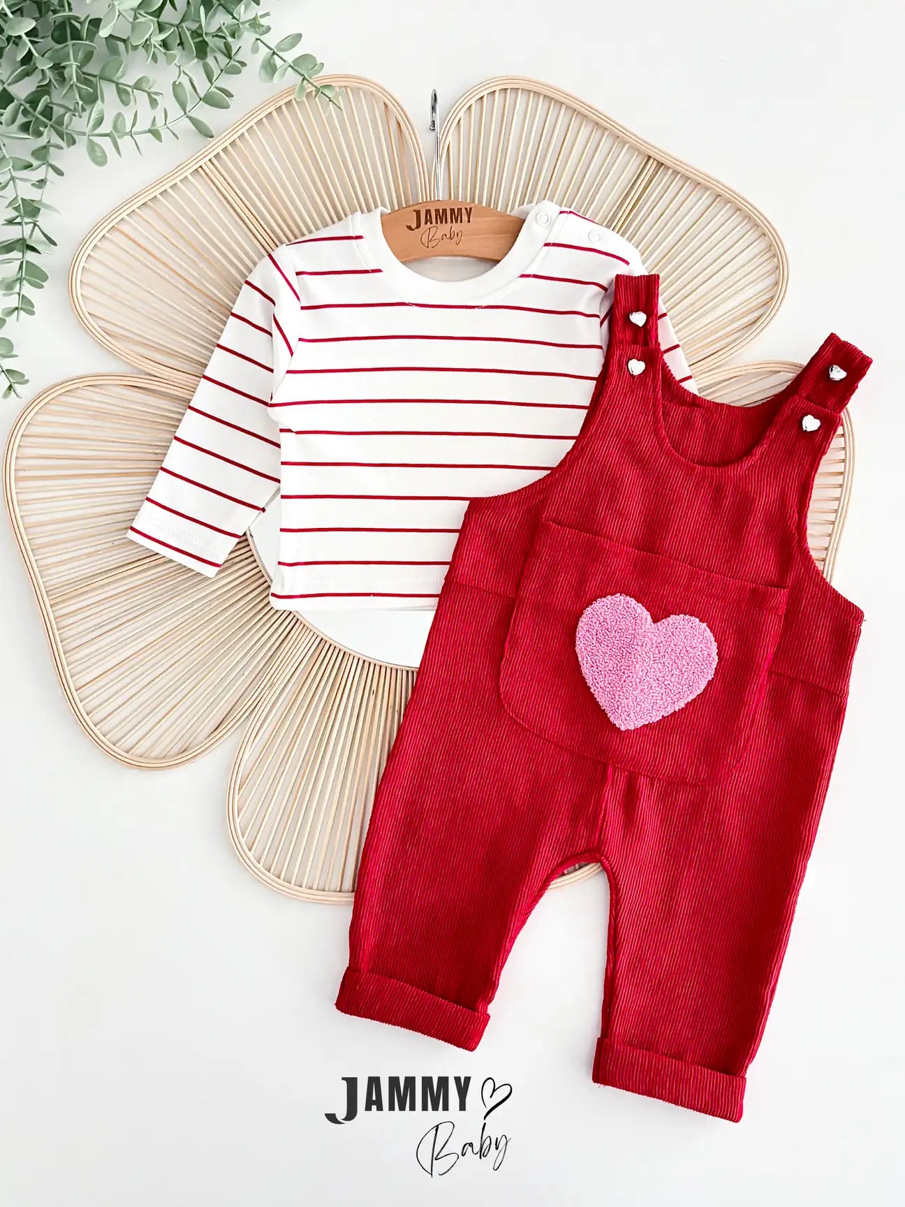 Big Hearts Punch Embroidered Velvet Overall & Bodysuit Set - Red