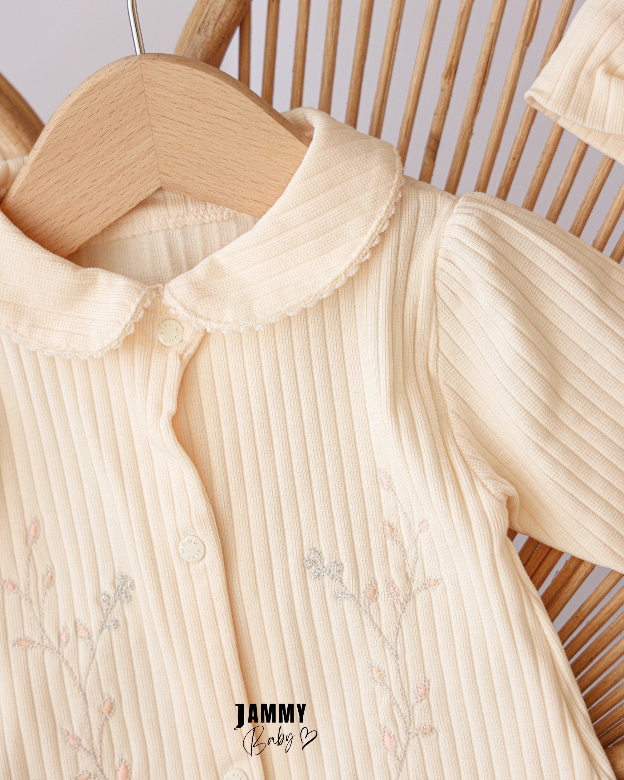 Botanical Embroidered Ribbed Romper & Headband Set – Beige