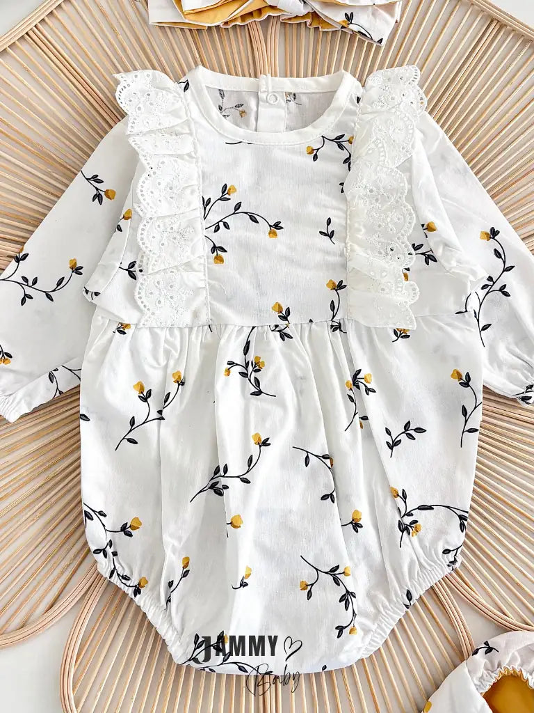 Liliya Floral Patterned Poplin Romper Set with Footies and Bandana - YELLOW