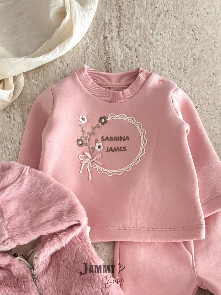 Three-Piece Set with Embroidered Plush Vest - Pink