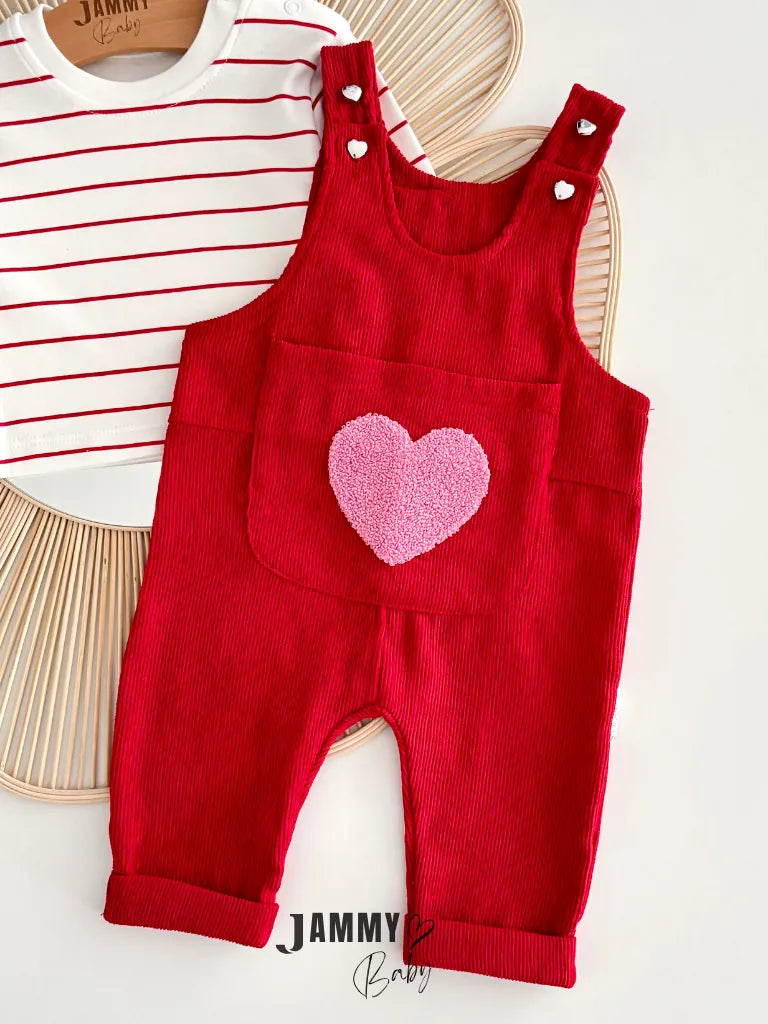 Big Hearts Punch Embroidered Velvet Overall & Bodysuit Set - Red