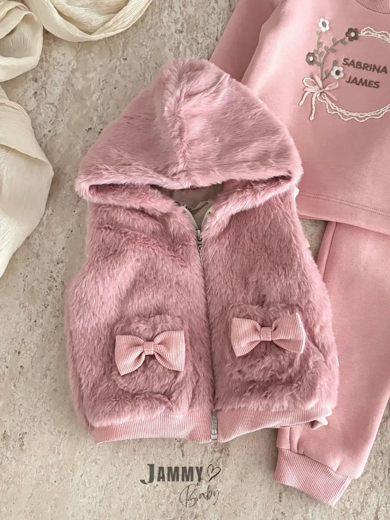 Three-Piece Set with Embroidered Plush Vest - Pink