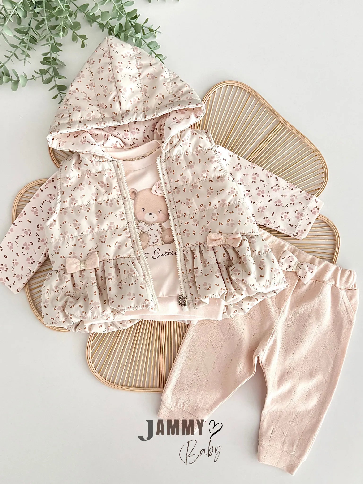 Cute Bear Floral Printed Puffer Vest Set – PUDRA (Dusty Pink)