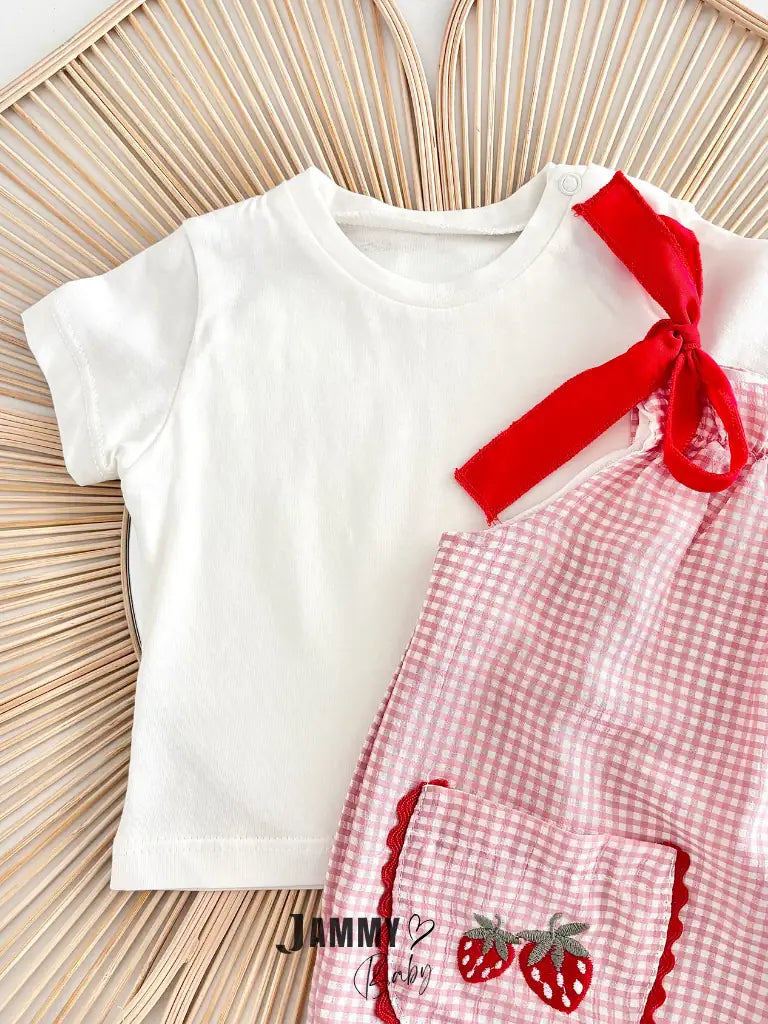 Alice Strawberry Embroidered Gingham Overalls & T-Shirt Set - PINK