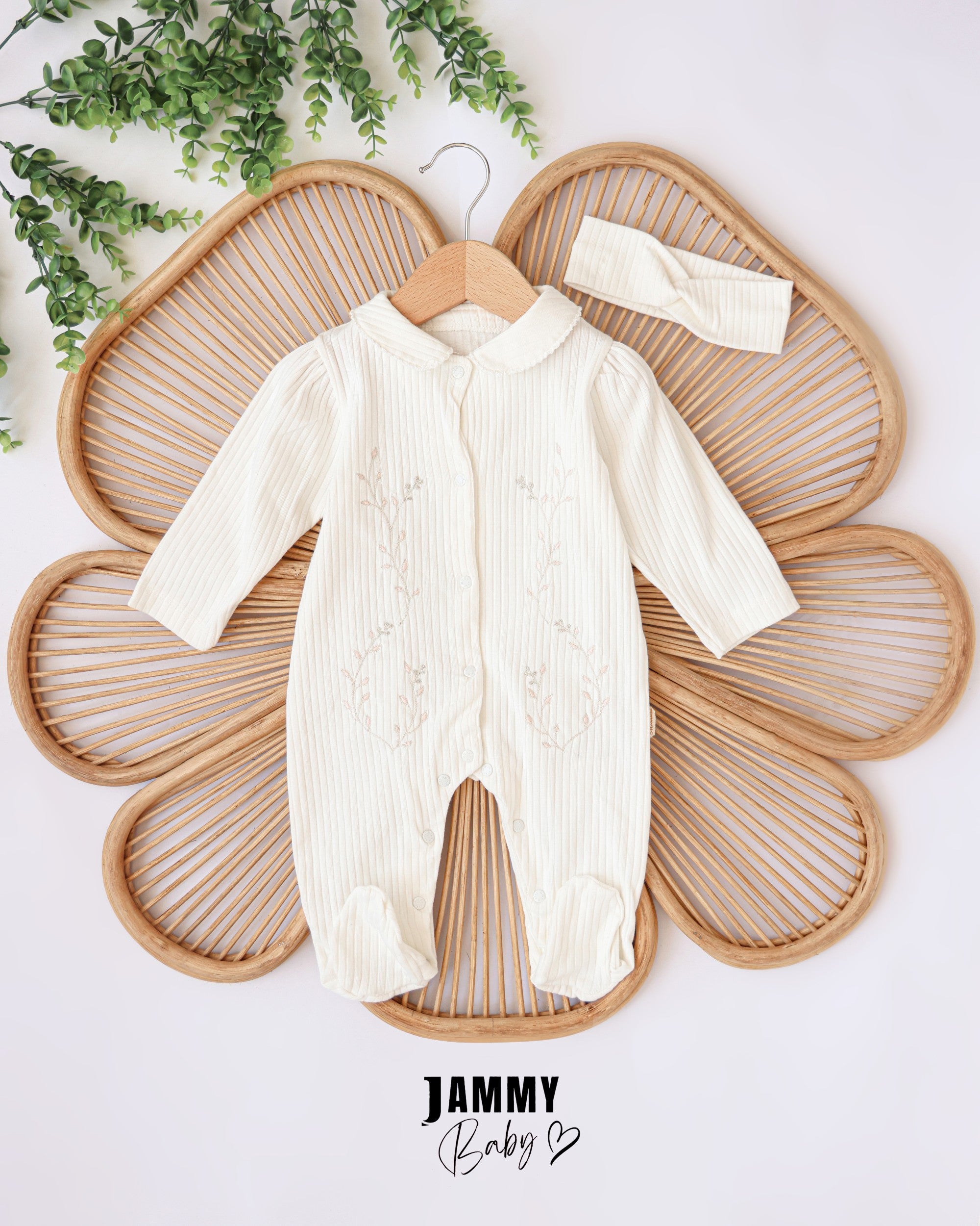 Botanical Embroidered Ribbed Romper & Headband Set – Ivory