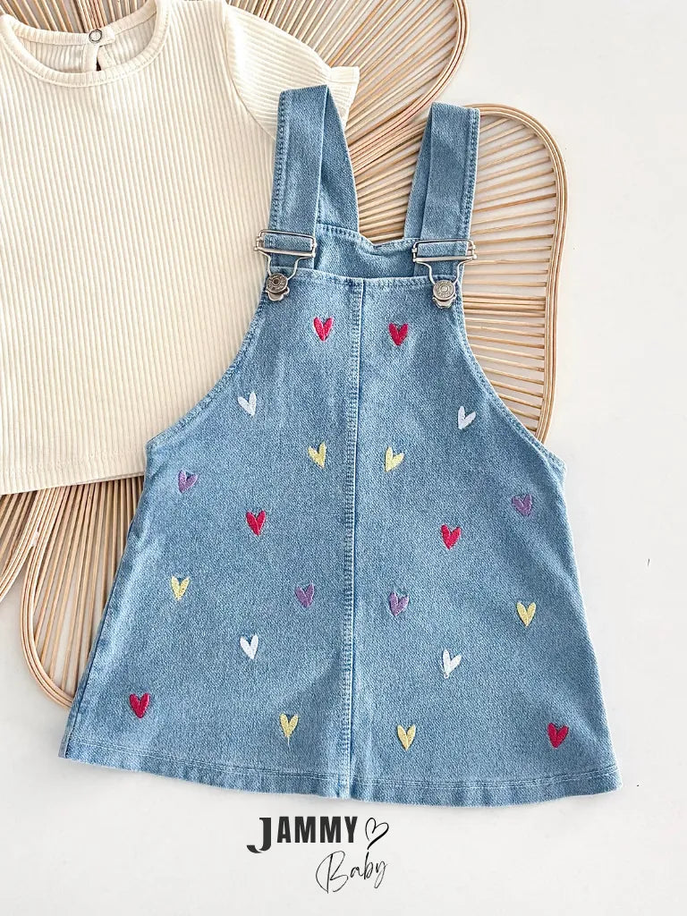 Emily Heart Embroidered Denim Vest Dress & T-Shirt Set – Cream