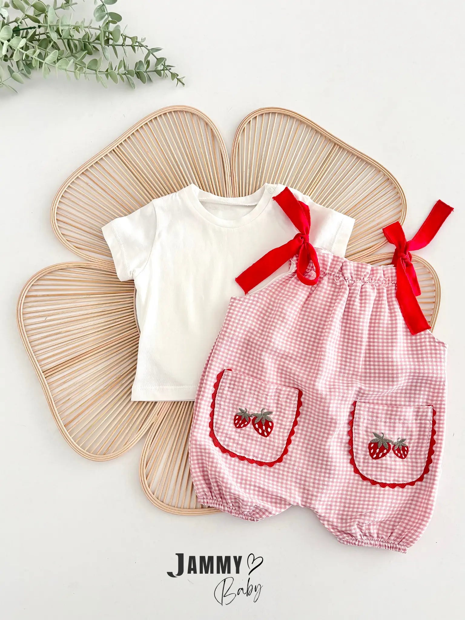 Alice Strawberry Embroidered Gingham Overalls & T-Shirt Set - PINK