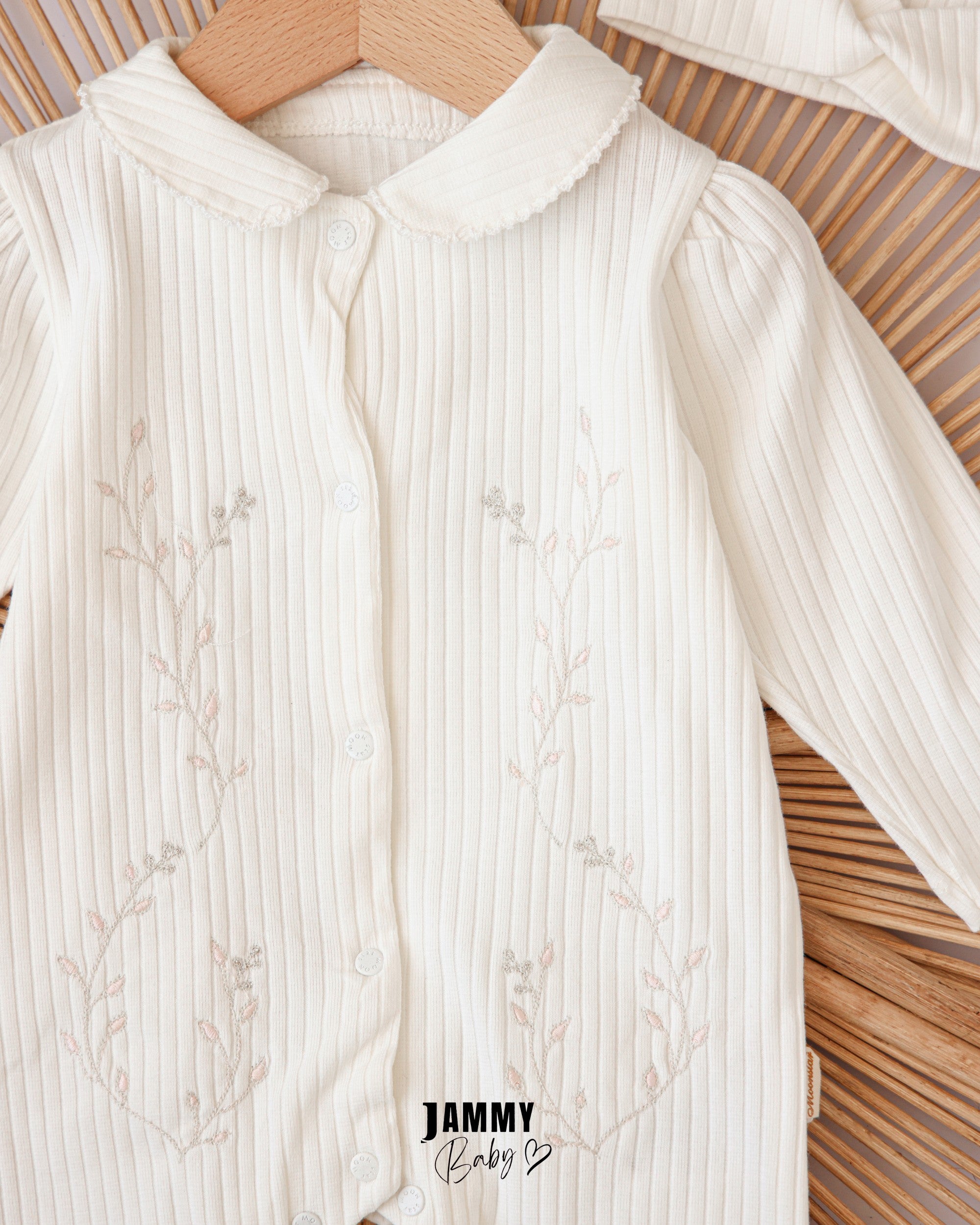 Botanical Embroidered Ribbed Romper & Headband Set – Ivory