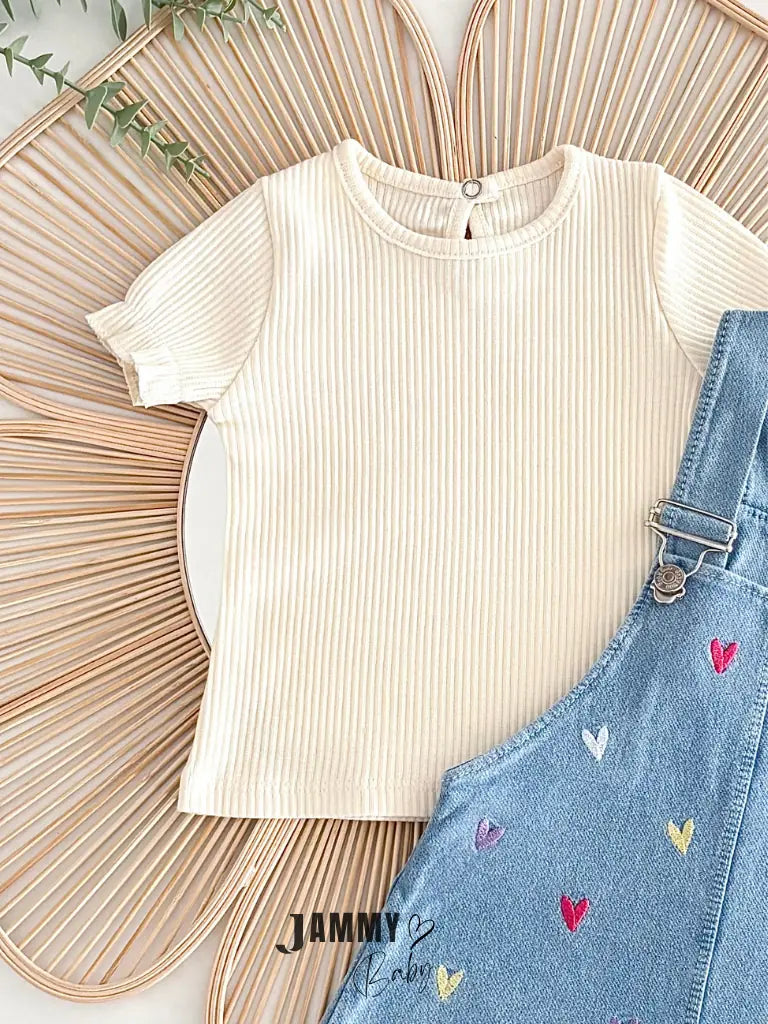 Emily Heart Embroidered Denim Vest Dress & T-Shirt Set – Cream