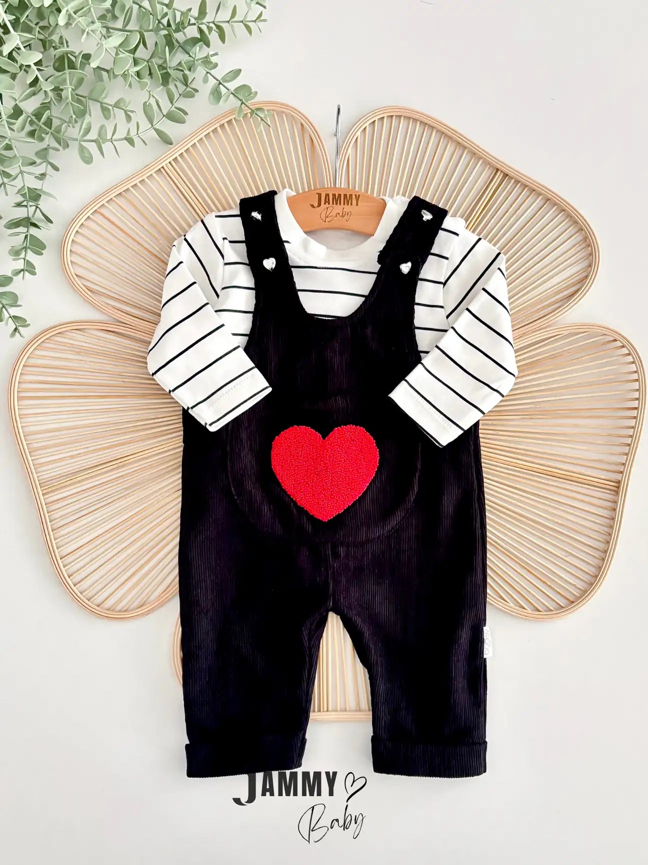 Big Hearts Punch Embroidered Velvet Overall & Bodysuit Set - Black