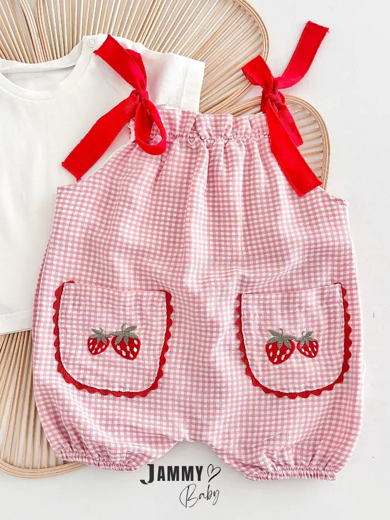 Alice Strawberry Embroidered Gingham Overalls & T-Shirt Set - PINK