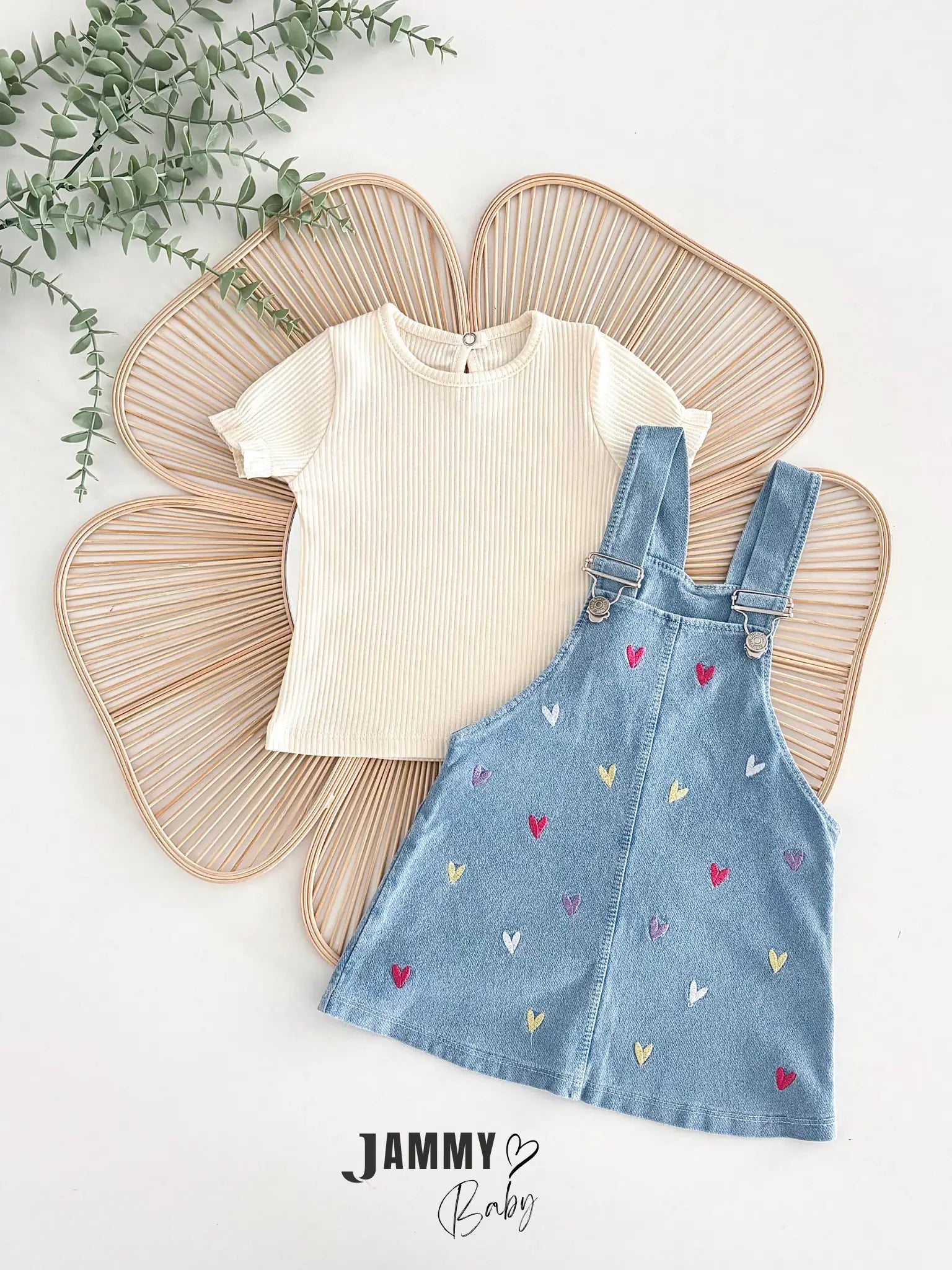 Emily Heart Embroidered Denim Vest Dress & T-Shirt Set – Cream