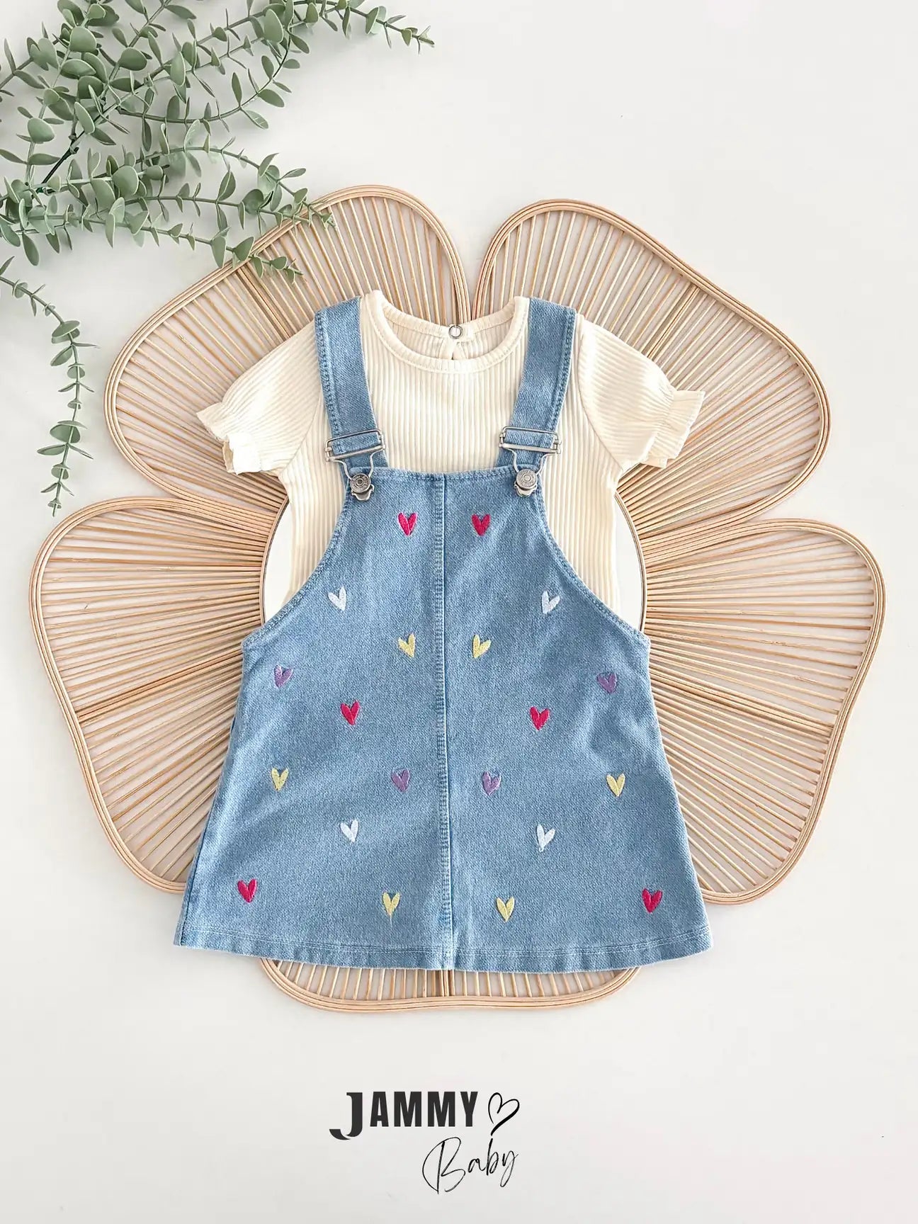 Emily Heart Embroidered Denim Vest Dress & T-Shirt Set – Cream