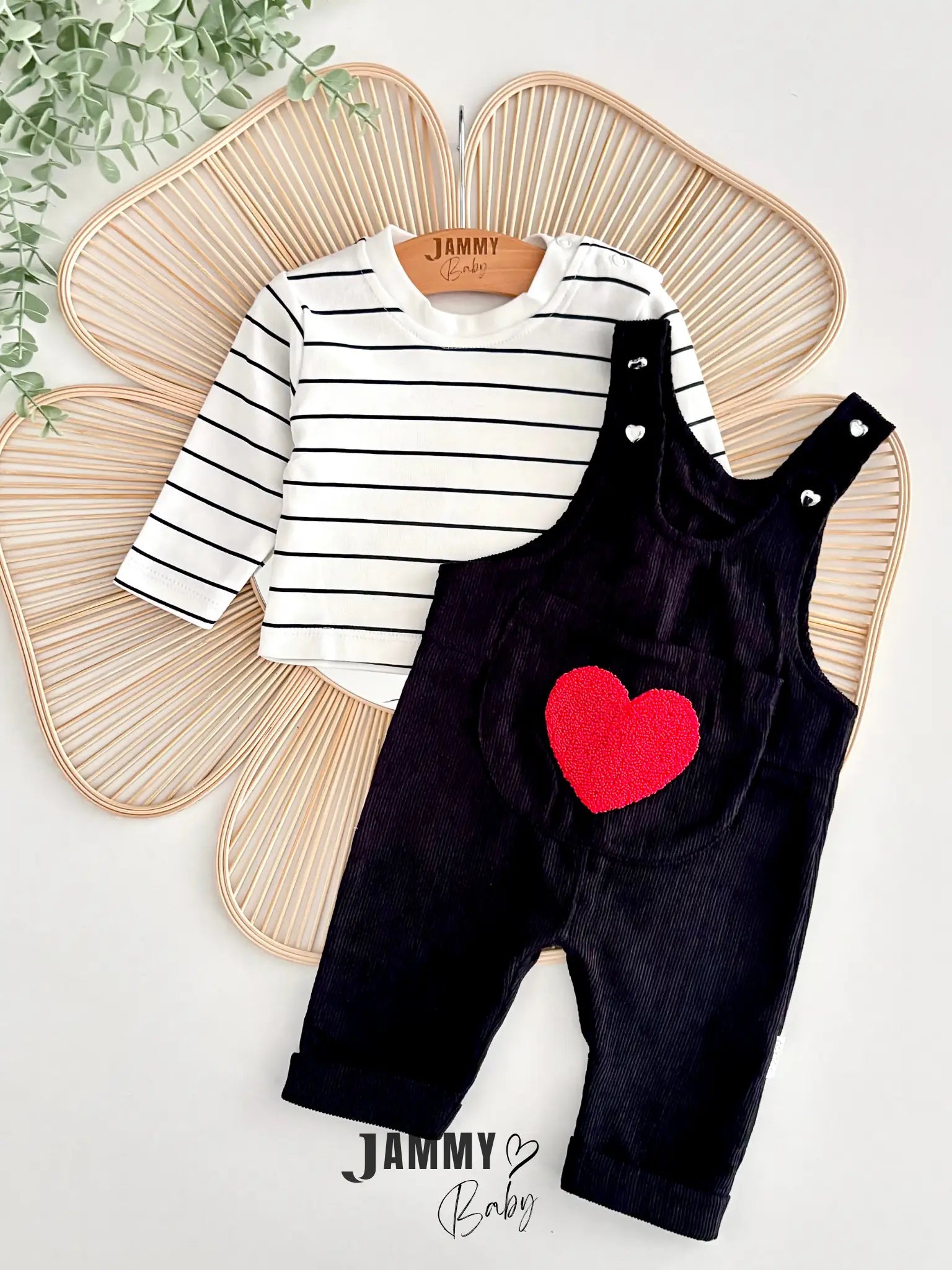 Big Hearts Punch Embroidered Velvet Overall & Bodysuit Set - Black