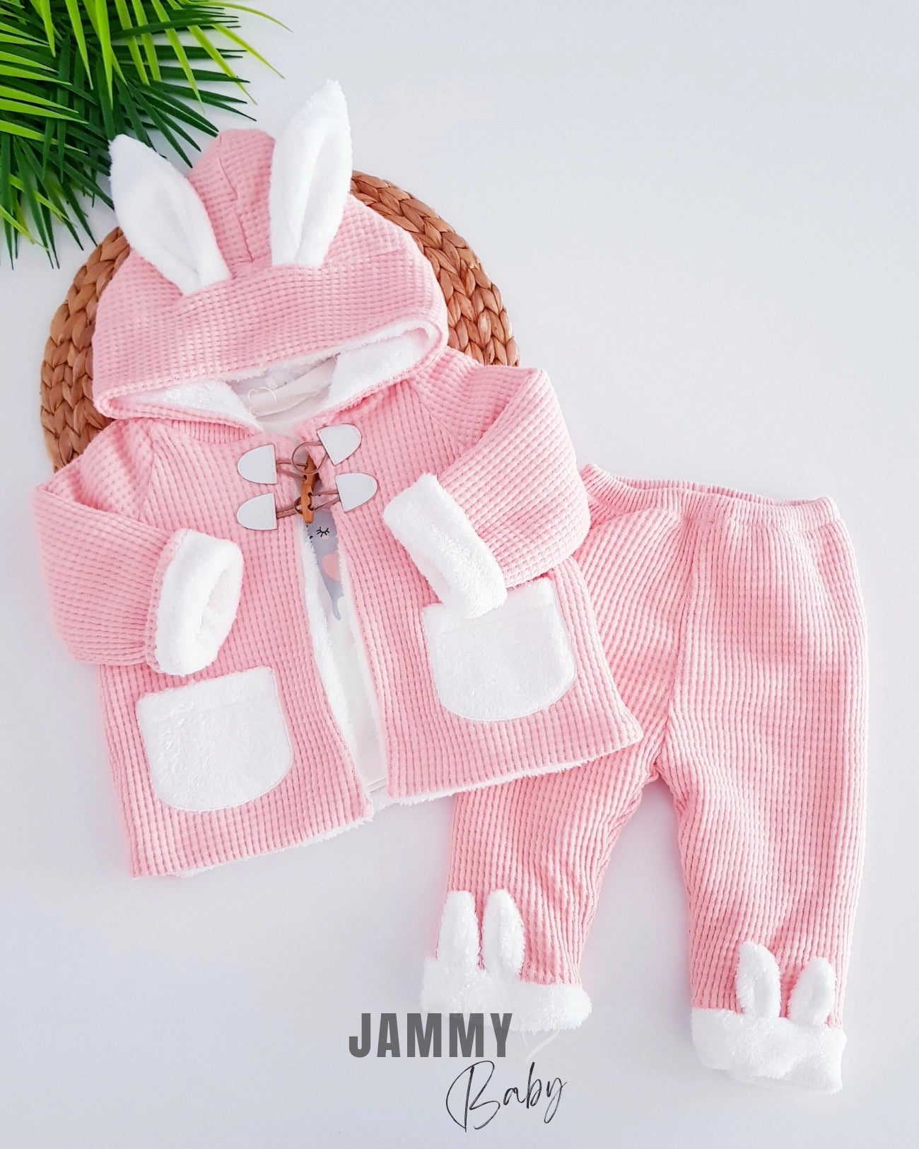 Rabbit Ear Quilted Jacket 3-Piece Set - Salmon