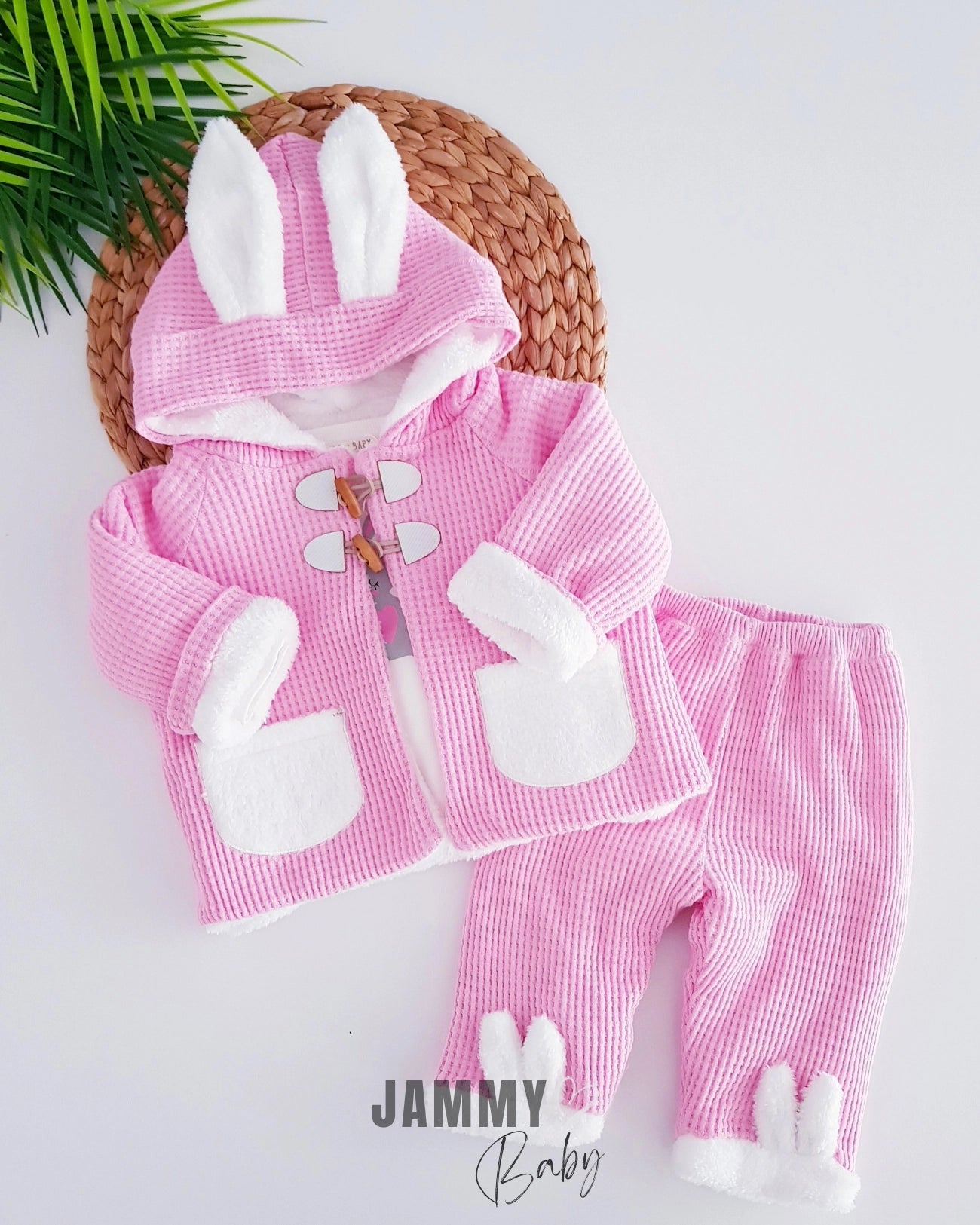 Bunny Ear Quilted Jacket 3-Piece Set - Pink