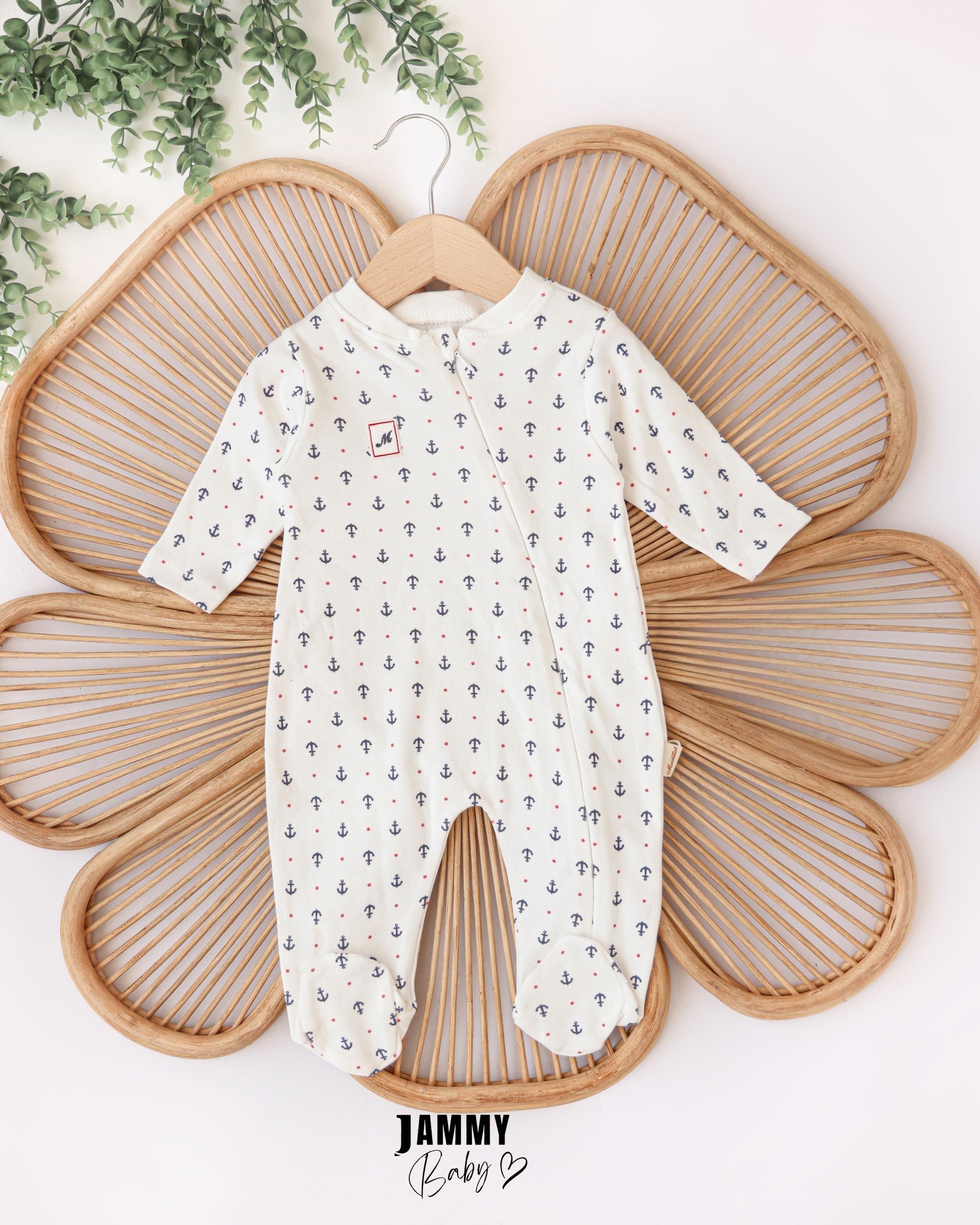 Anchor Print Footed Baby Romper – White