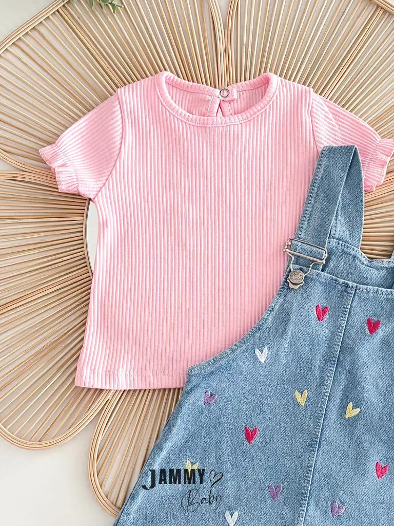 Emily Heart Embroidered Denim Vest Dress & T-Shirt Set – Pink