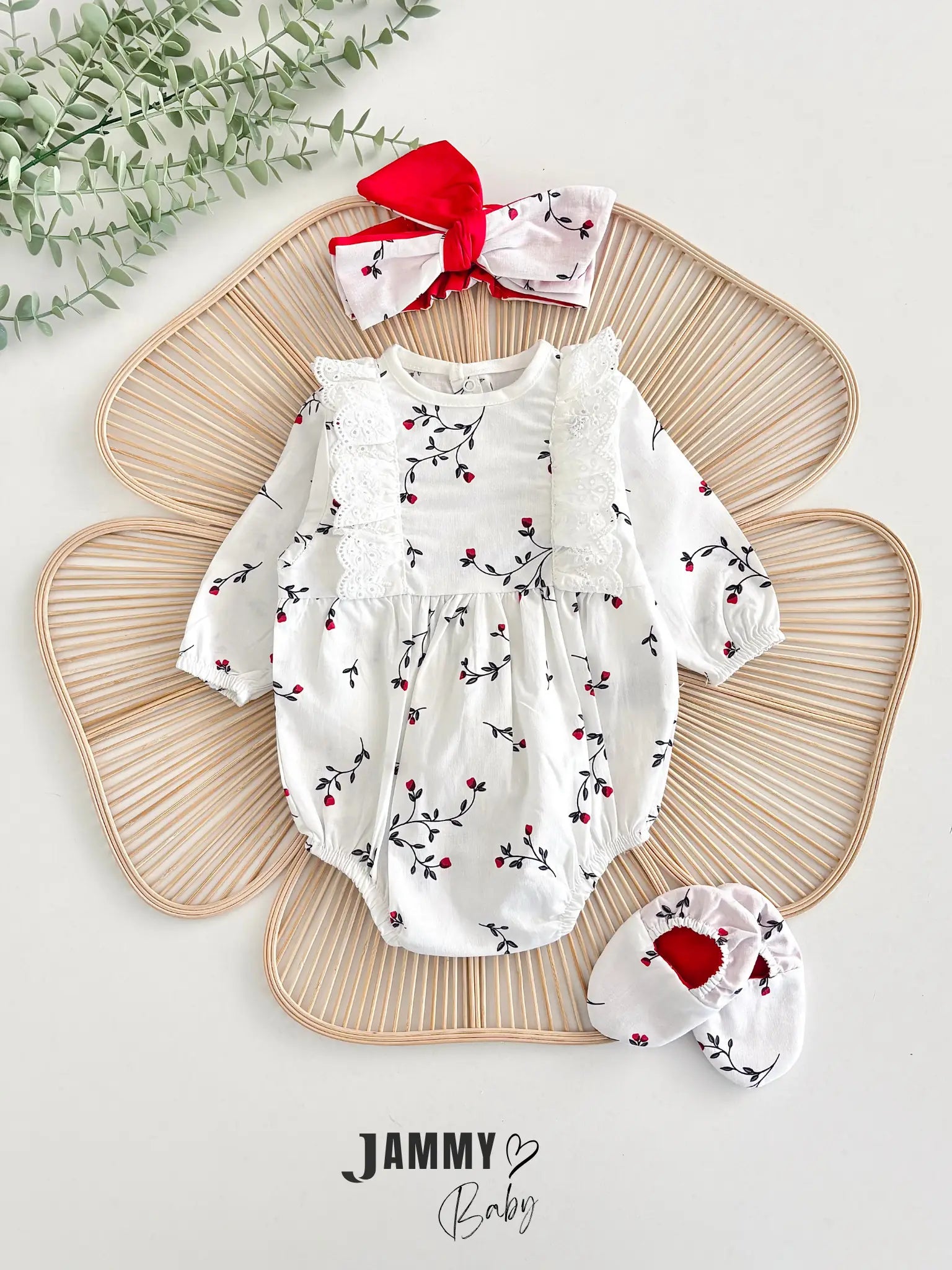 Liliya Floral Patterned Poplin Romper Set with Footies and Bandana - RED