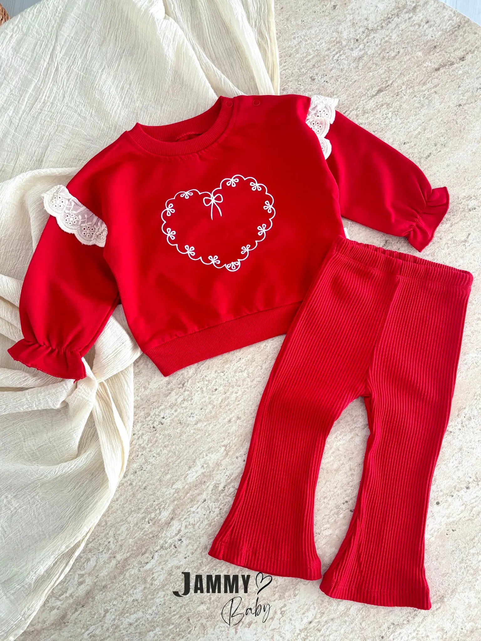 Fancy Heart Print Camisole Spanish Set - Red