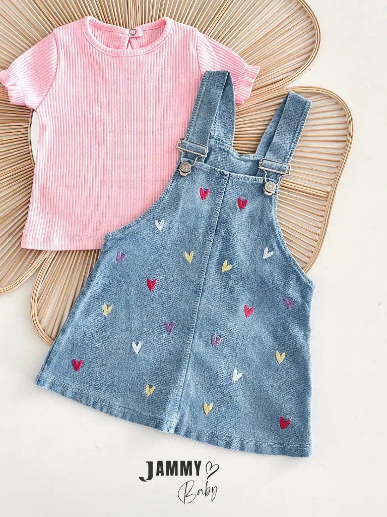 Emily Heart Embroidered Denim Vest Dress & T-Shirt Set – Pink