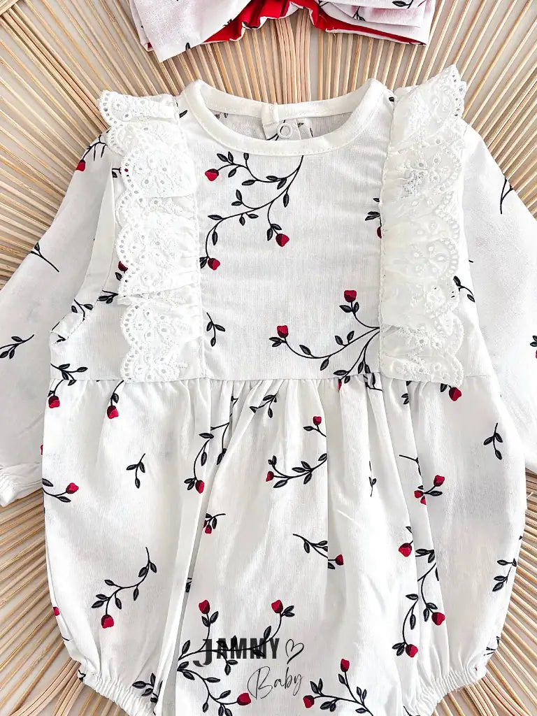 Liliya Floral Patterned Poplin Romper Set with Footies and Bandana - RED
