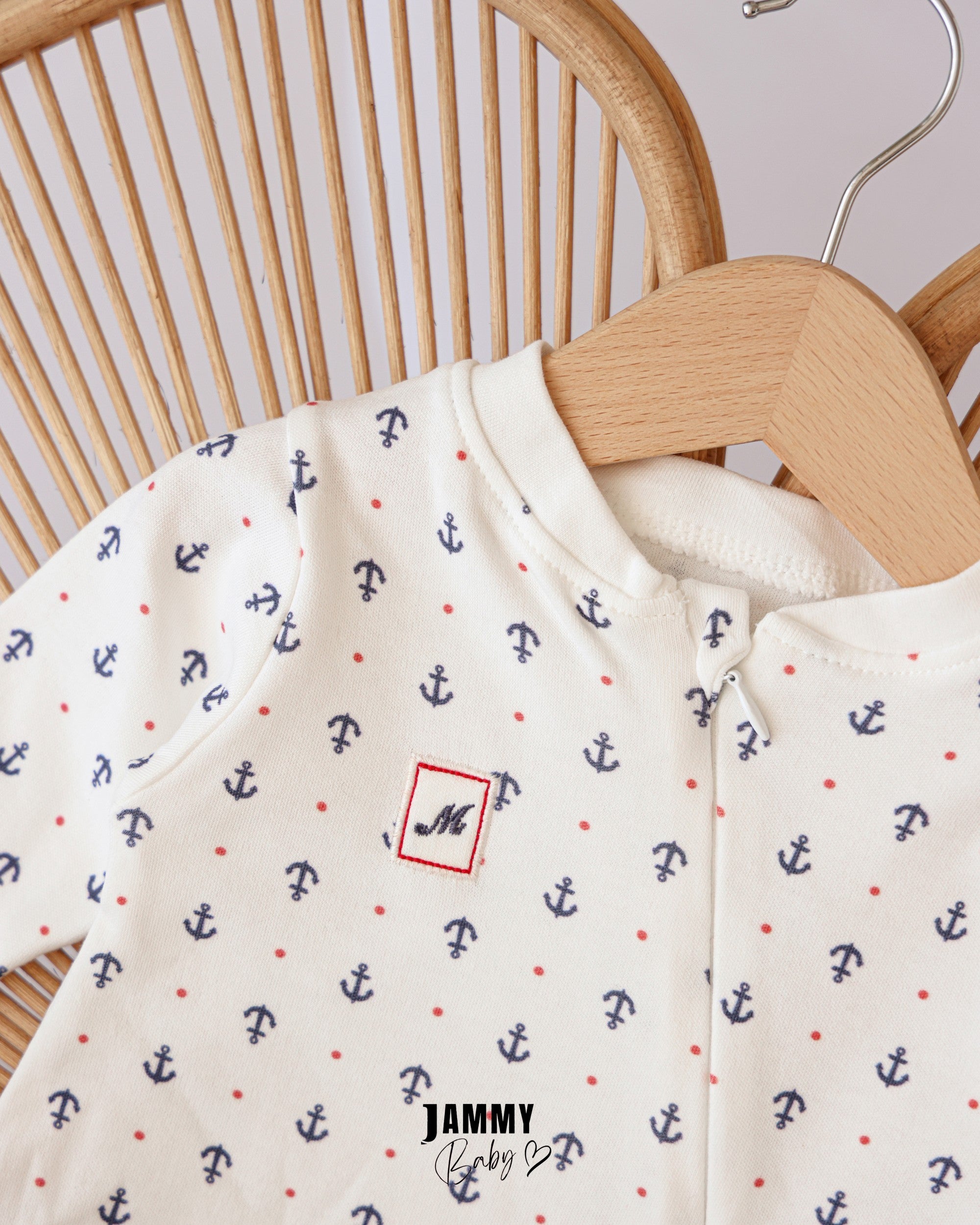 Anchor Print Footed Baby Romper – White