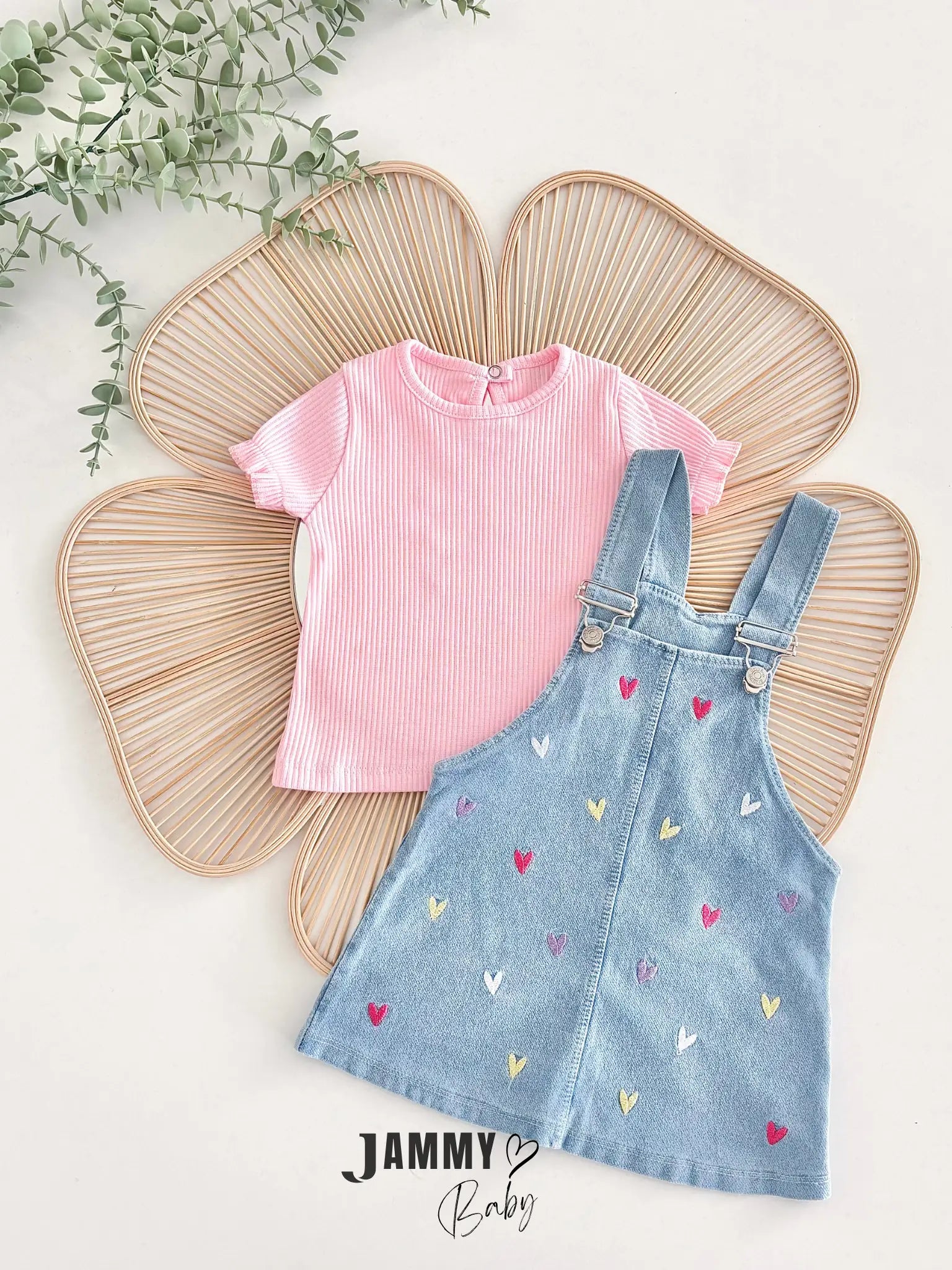 Emily Heart Embroidered Denim Vest Dress & T-Shirt Set – Pink