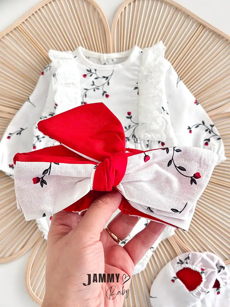 Liliya Floral Patterned Poplin Romper Set with Footies and Bandana - RED