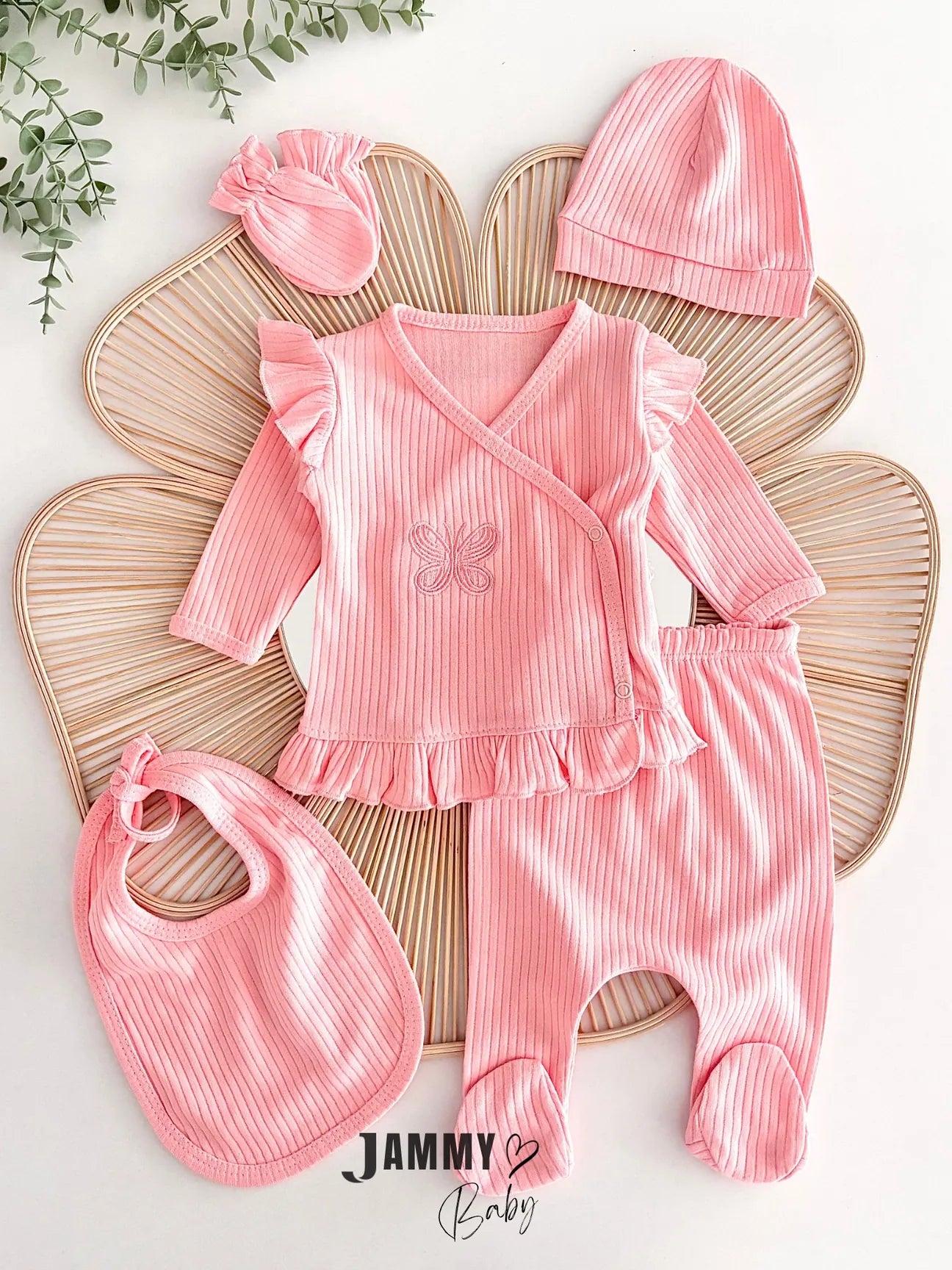 Loli Butterfly Embroidered 5-Piece Newborn Set – SALMON