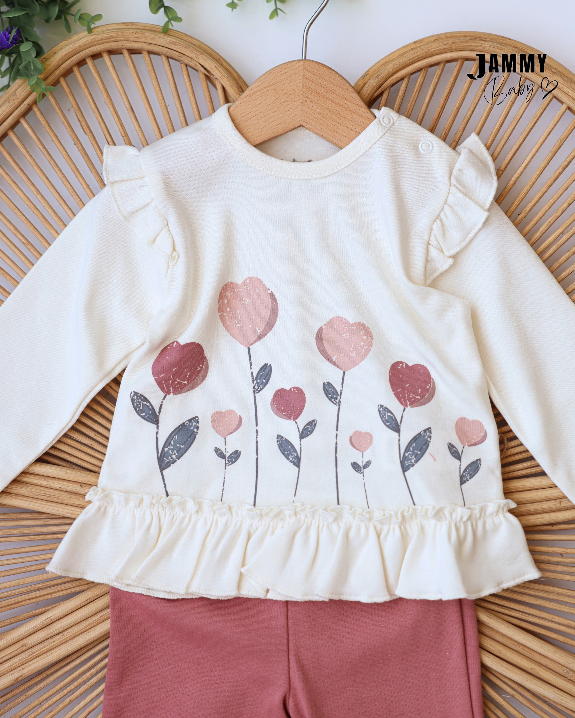 Heart Flower Sweatshirt & Pants Set - Ivory & Pink