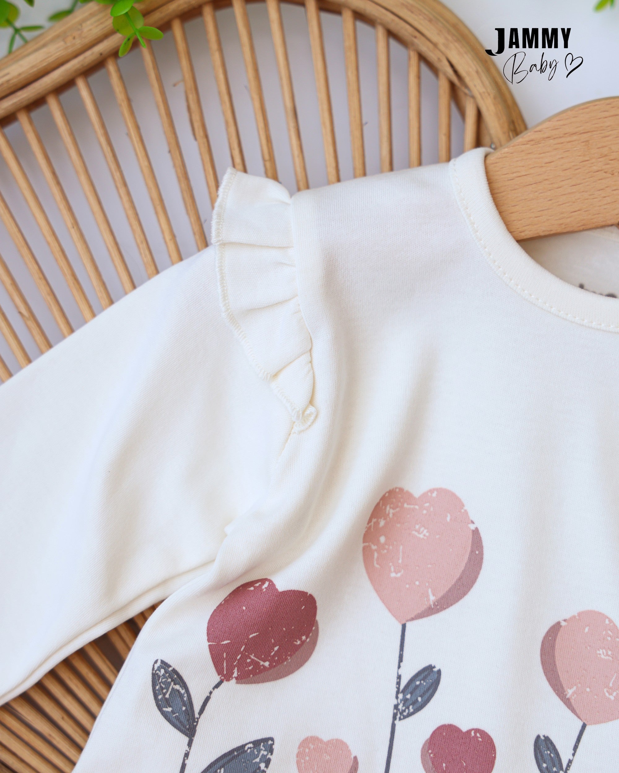 Heart Flower Sweatshirt & Pants Set - Ivory & Pink