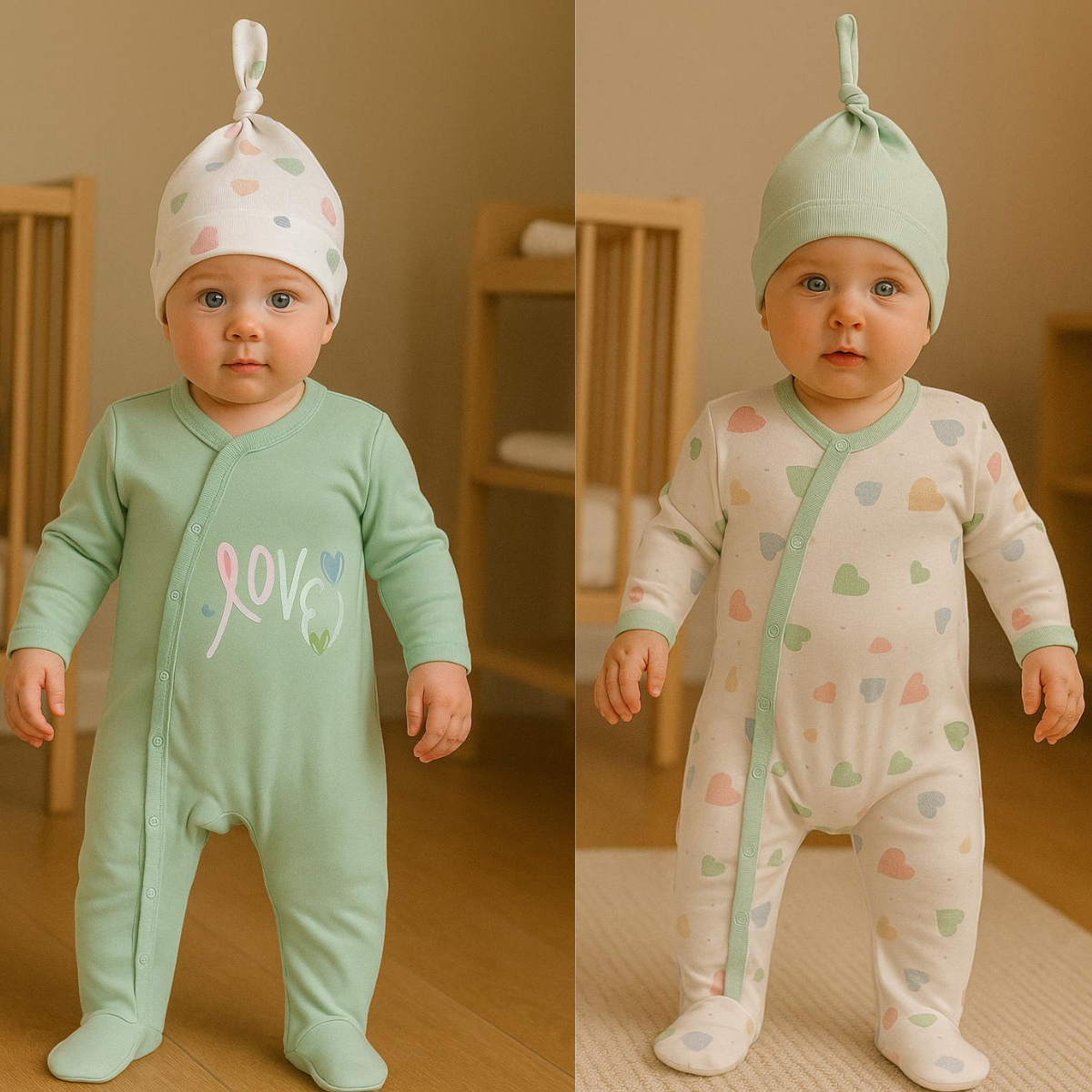 Love 2 Overalls / 2 Hat Set - Mint Green
