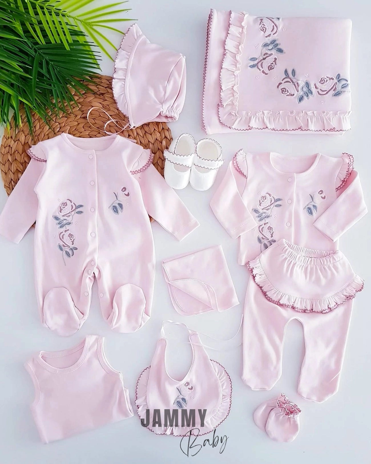 Ruffle Embroidered 10 Piece Hospital Exit Set-PINK