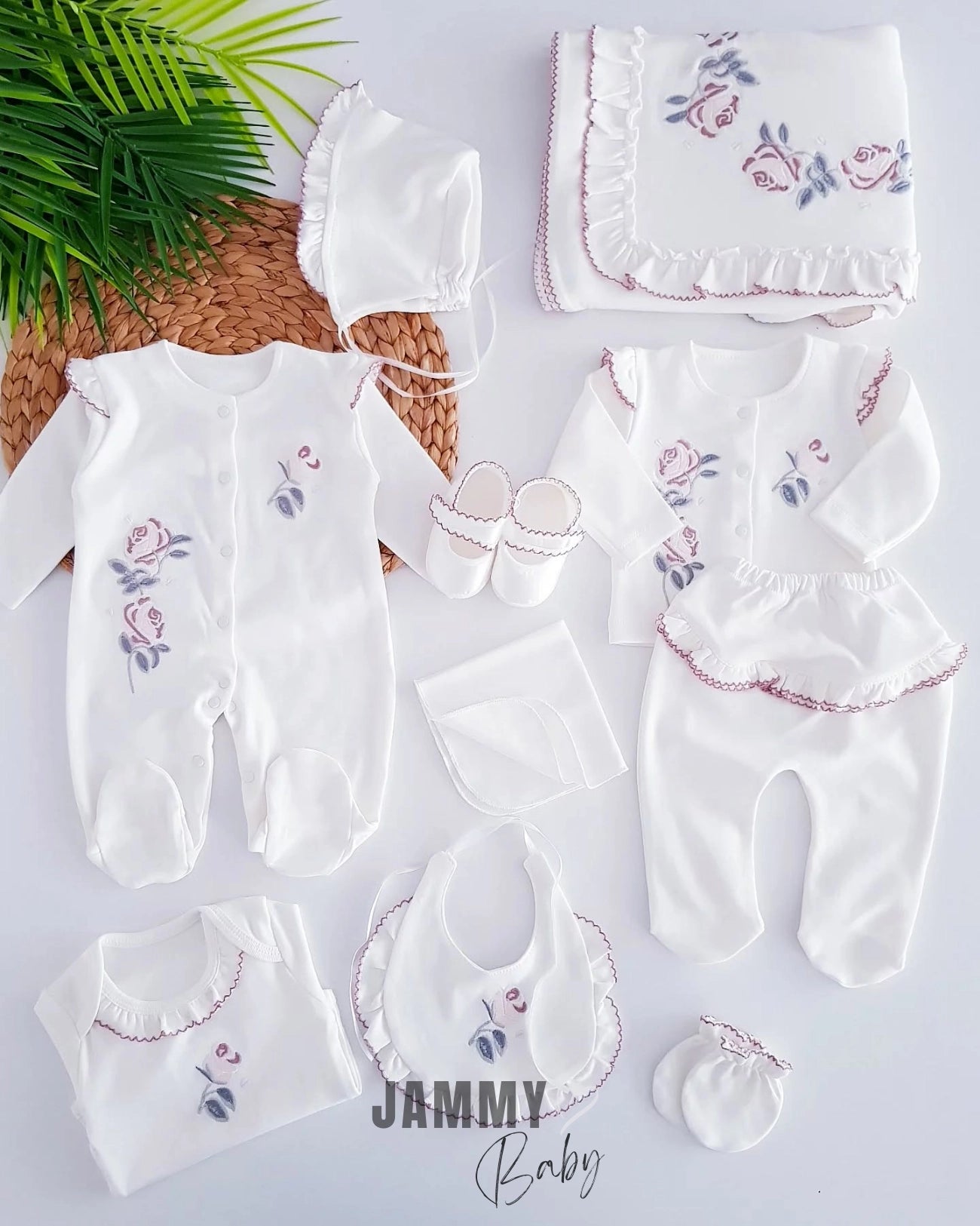 Ruffle Embroidered 10 Piece Hospital Exit Set-EKRU