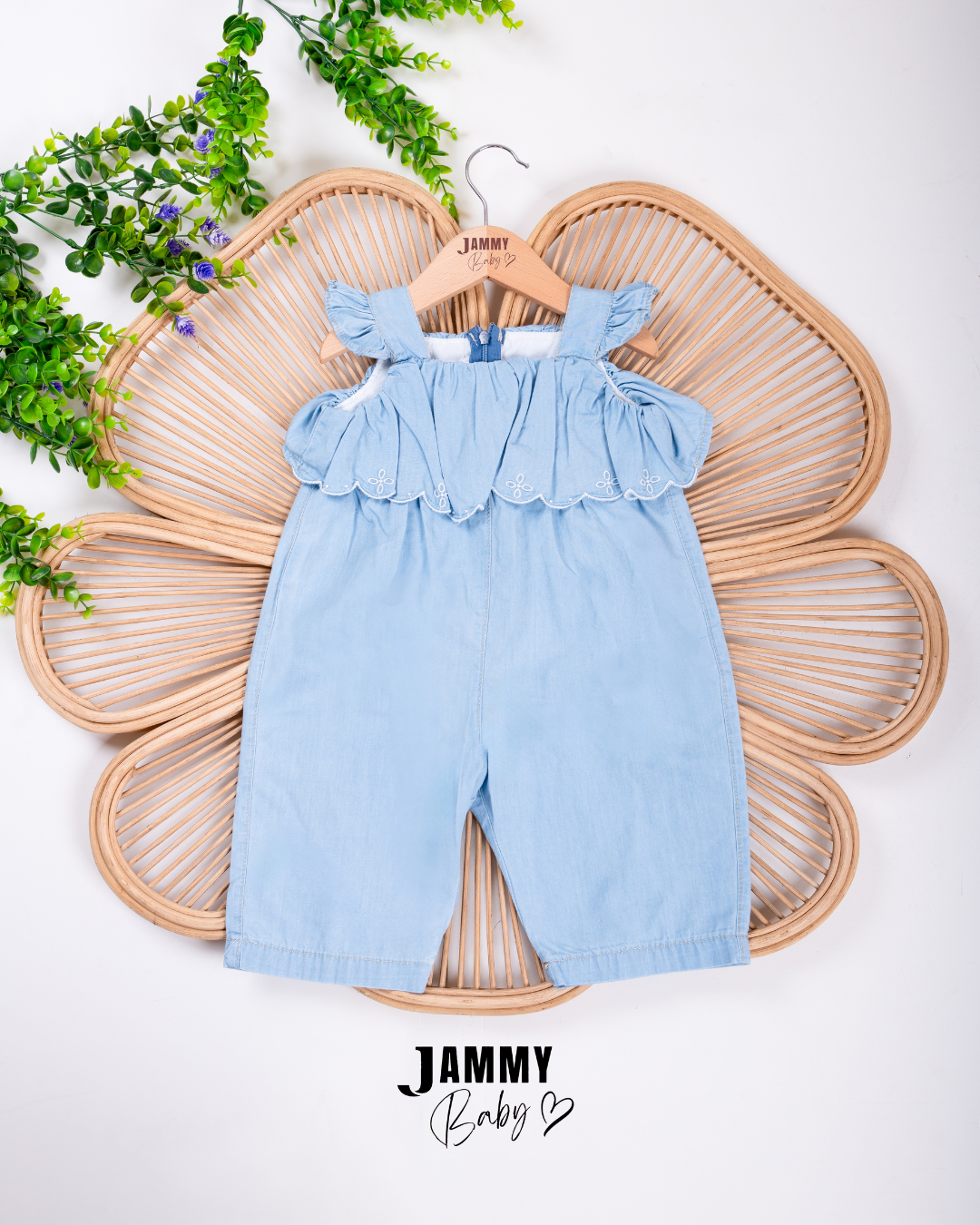 Embroidered Ruffle Denim Jumpsuit – Light Blue