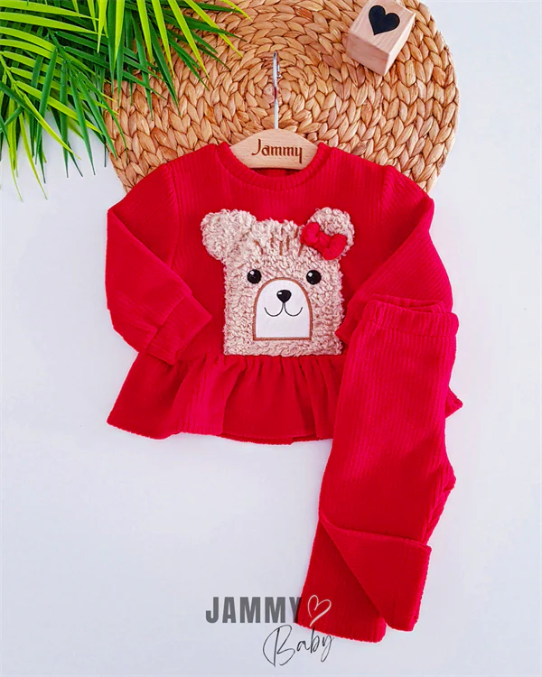 Teddy Bear Appliqued Fleece Set - Red