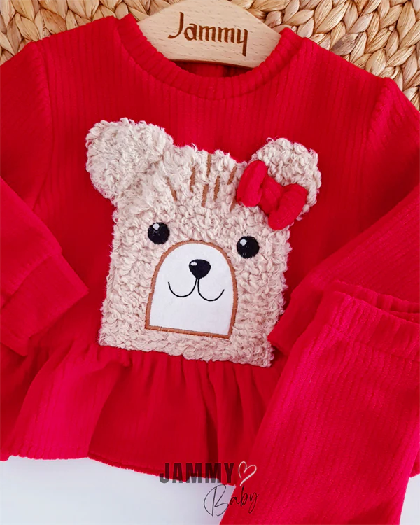 Teddy Bear Appliqued Fleece Set - Red