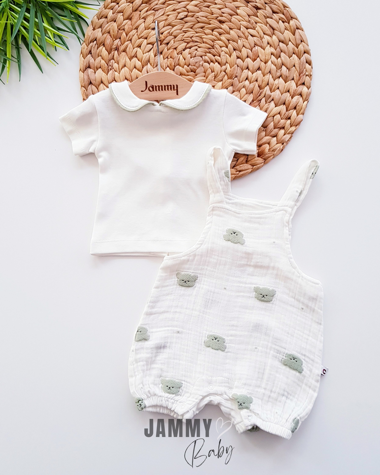 Teddy Bear Embroidered Muslin Salopet & Body Set-GREEN