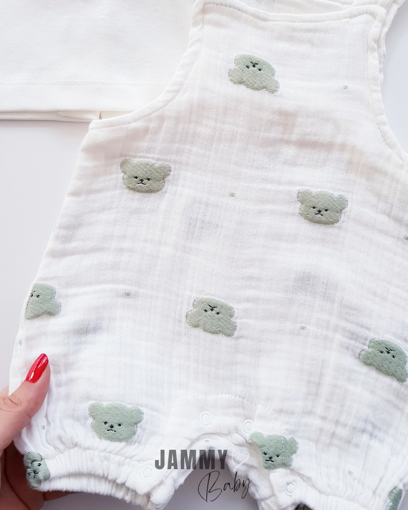 Teddy Bear Embroidered Muslin Salopet & Body Set-GREEN