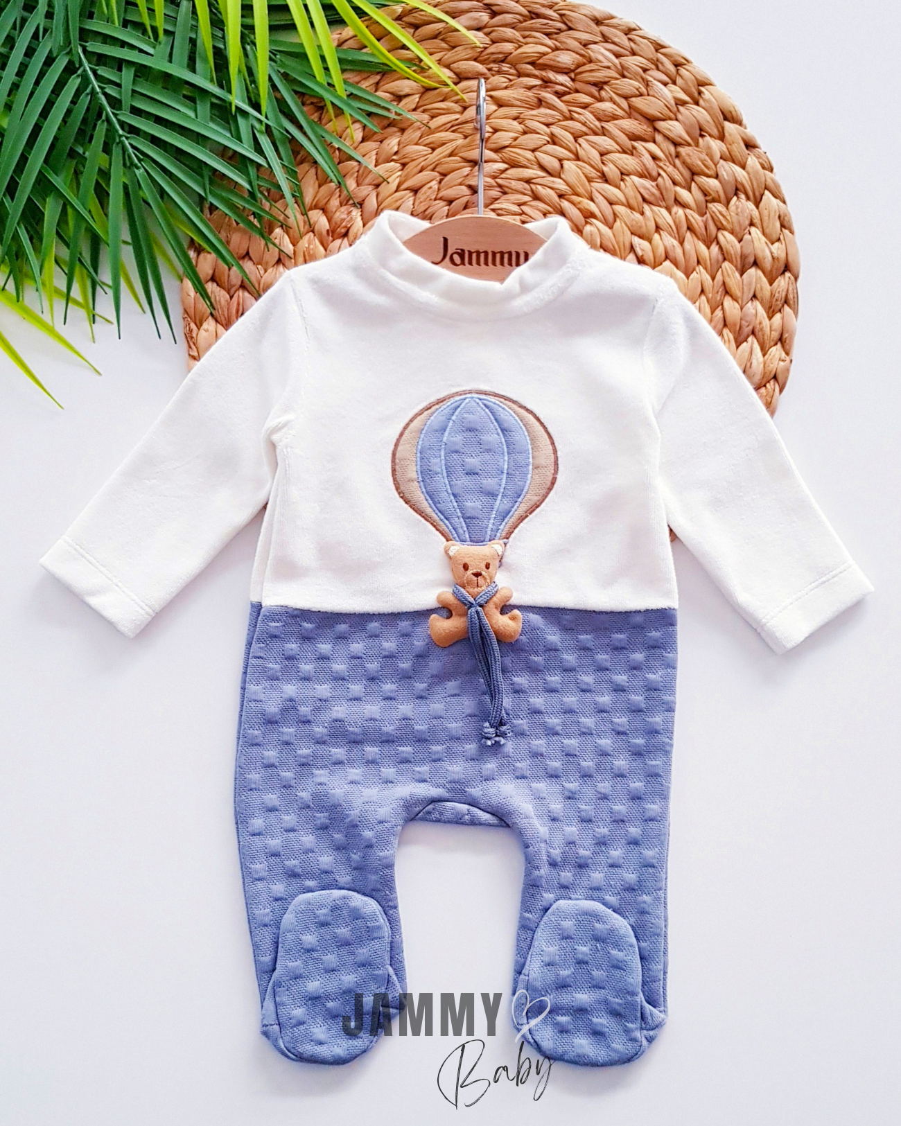 Balloon Bear Velvet Jumpsuit-Blue