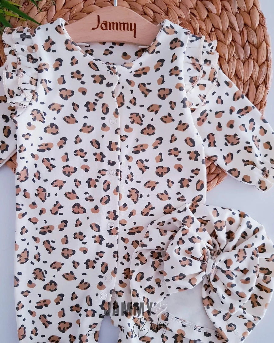 Leopard Overalls Set with Bonnet Hat- CREAM