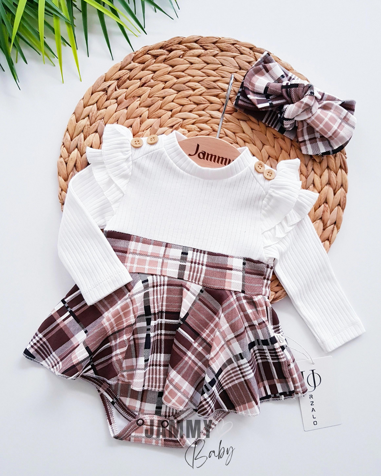 Plaid Pattern Shoulder Ruffle Bandana Bodysuit Dress Set