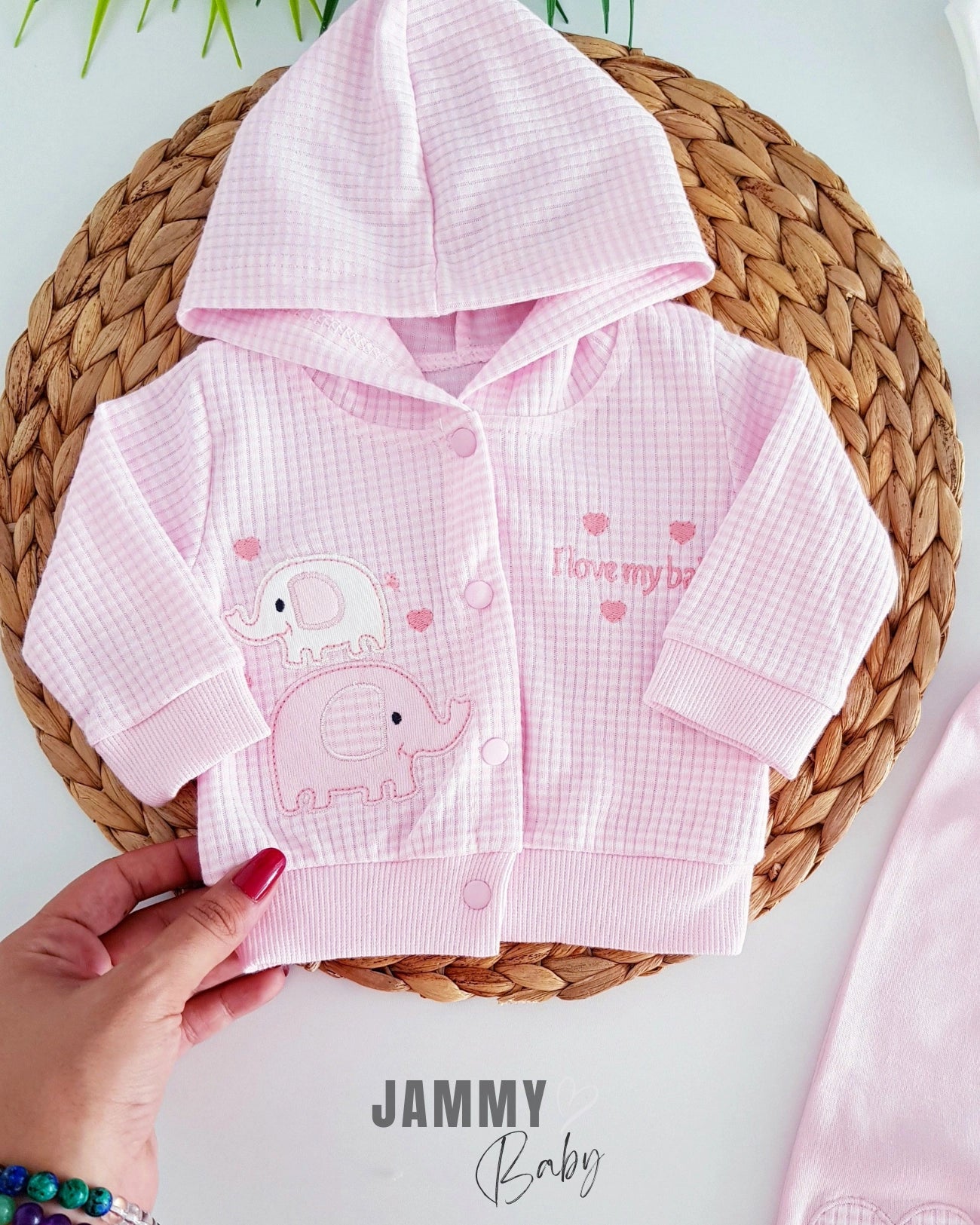 Elephant Embroidered Gingham Cardigan Set - Pink