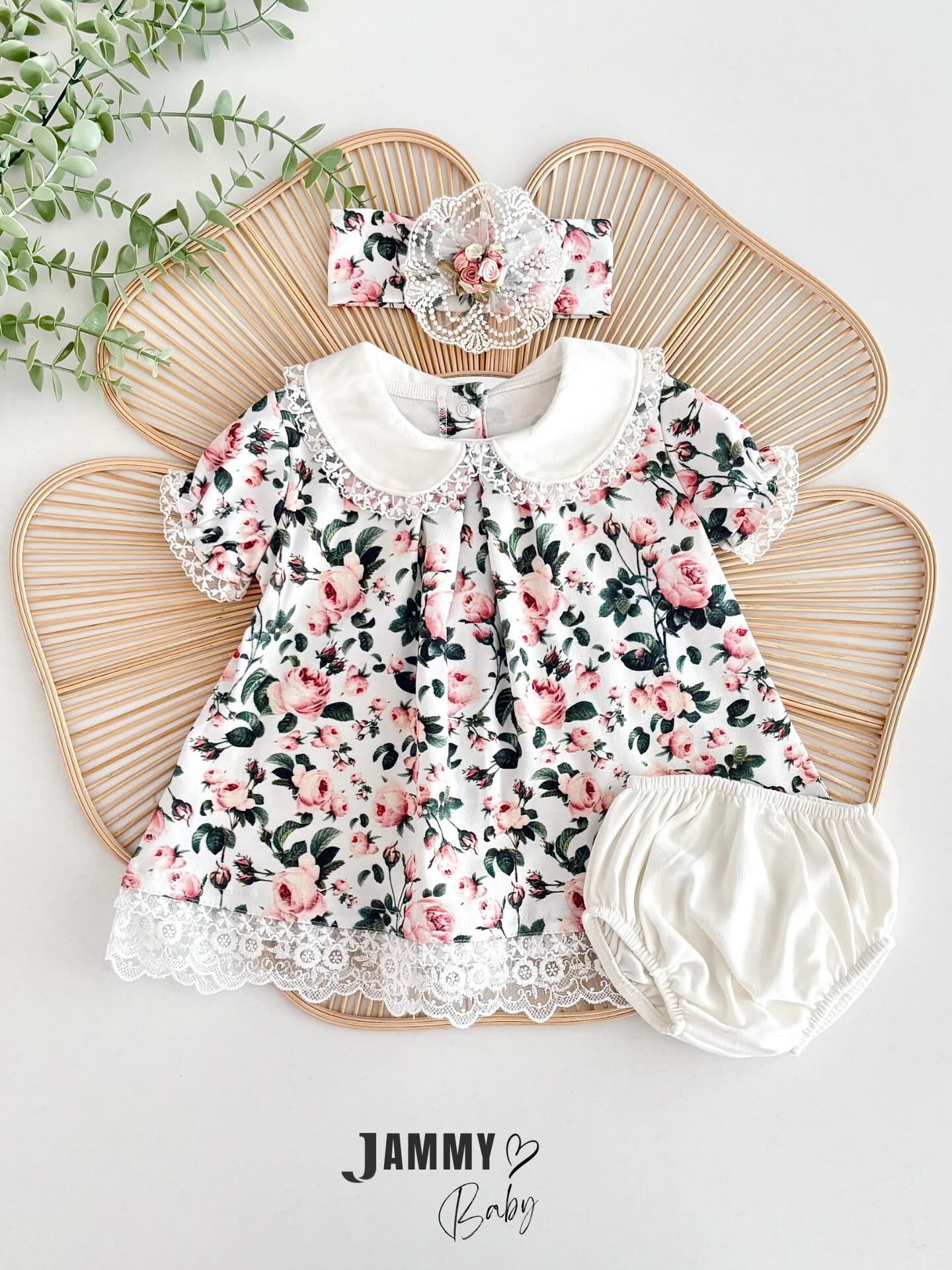 Rosalie Floral Lace Dress Set with Headband – CREAM PINK