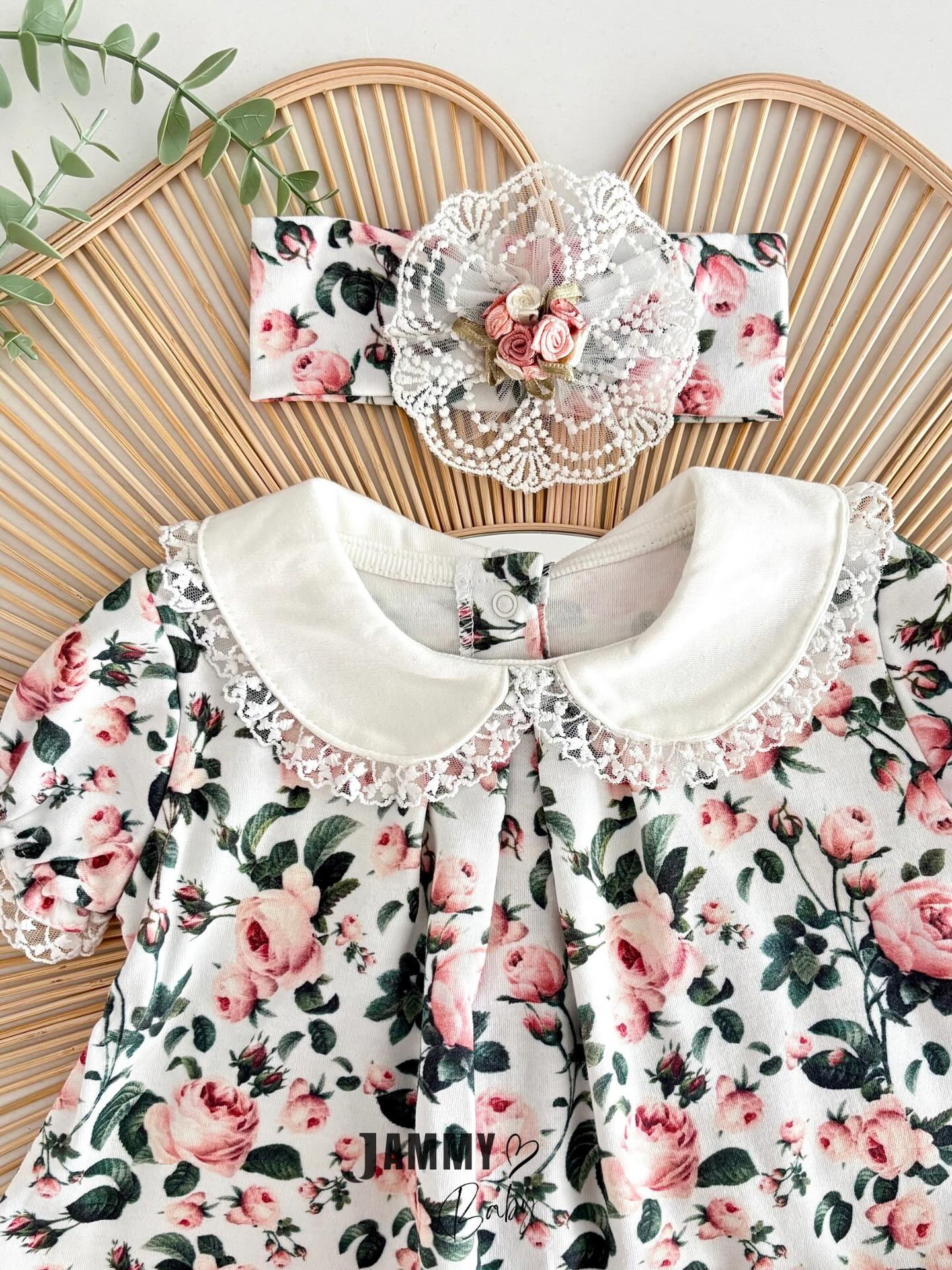 Rosalie Floral Lace Dress Set with Headband – CREAM PINK