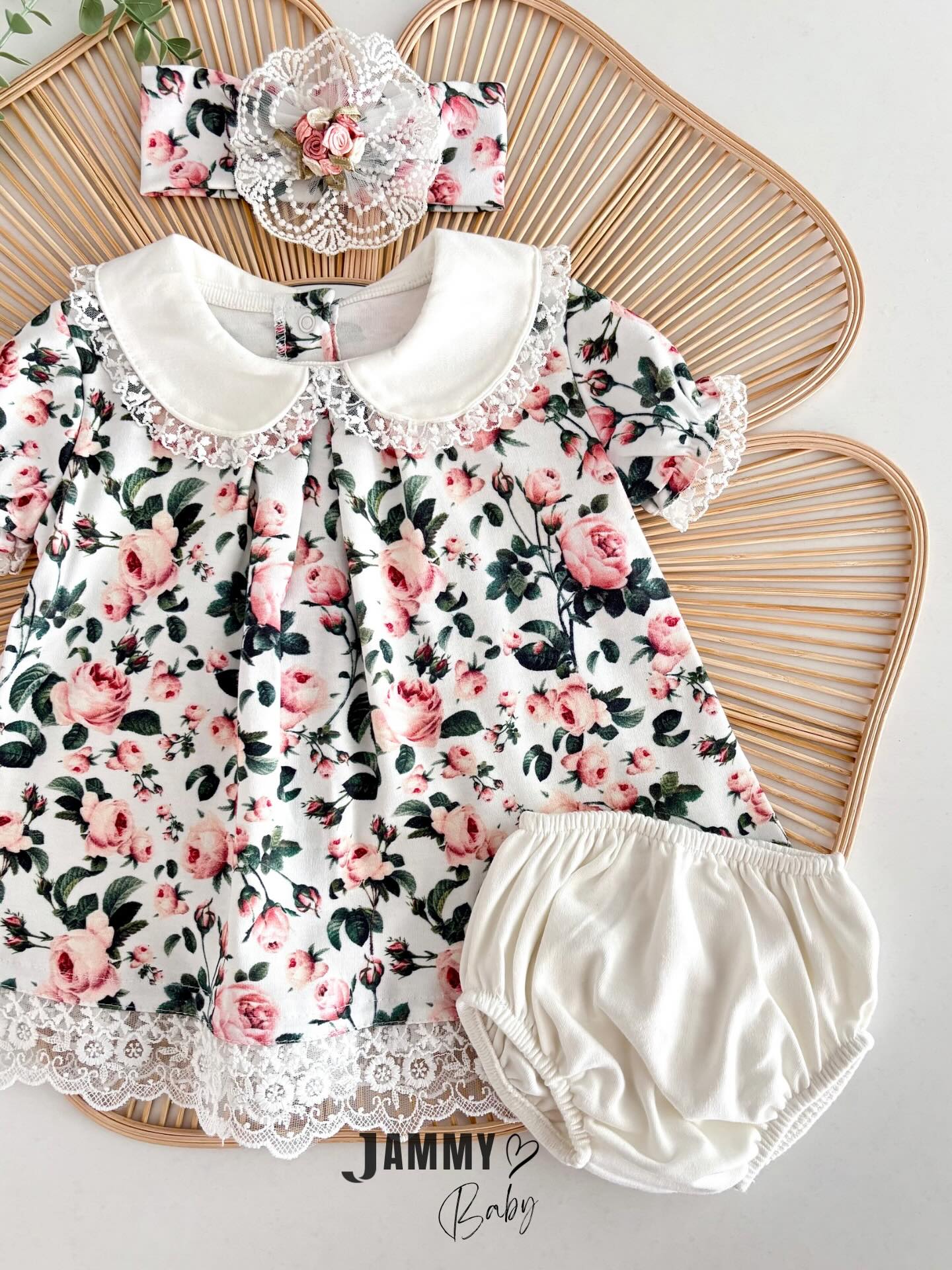 Rosalie Floral Lace Dress Set with Headband – CREAM PINK