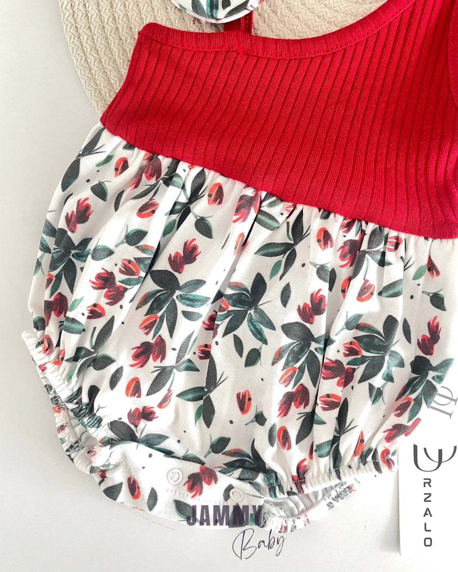 Kokina Flower One-Shoulder Romper – RED